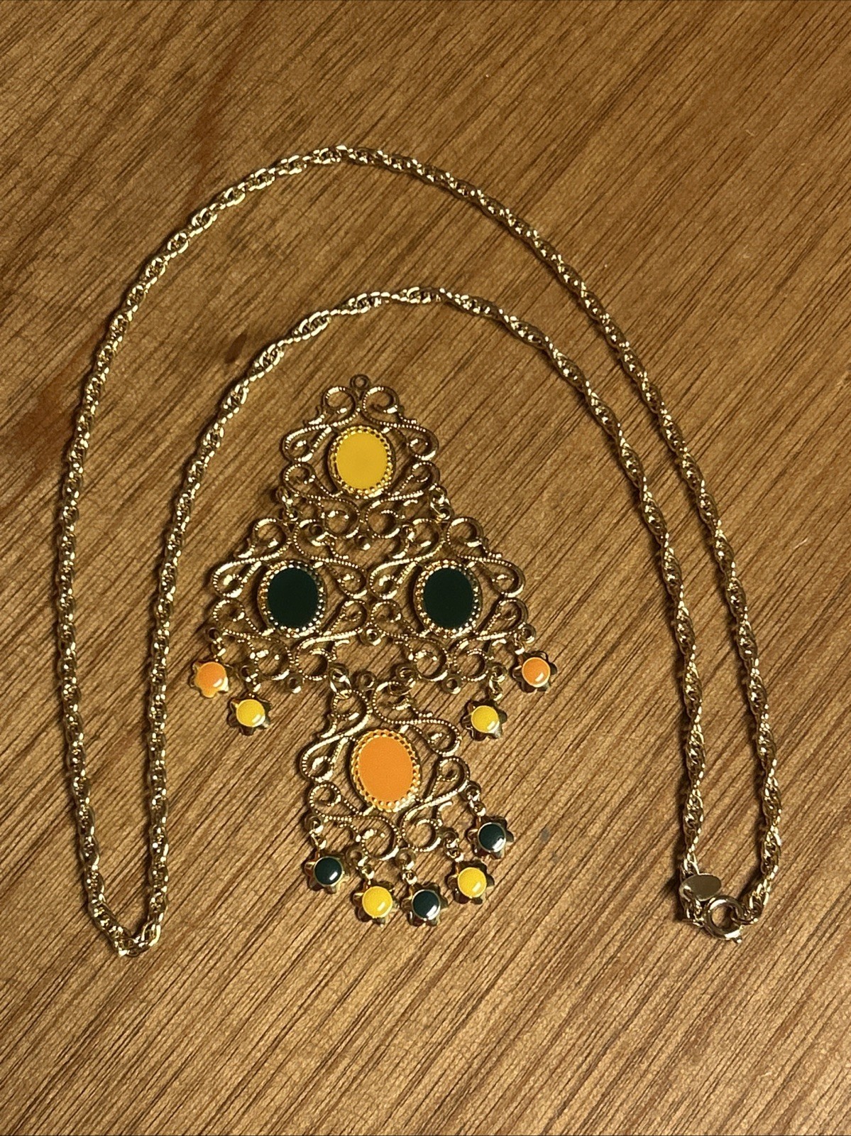 Vintage Celebrity NEW YORK Gold Tone Chandelier Filigree Enamel Dangle Necklace