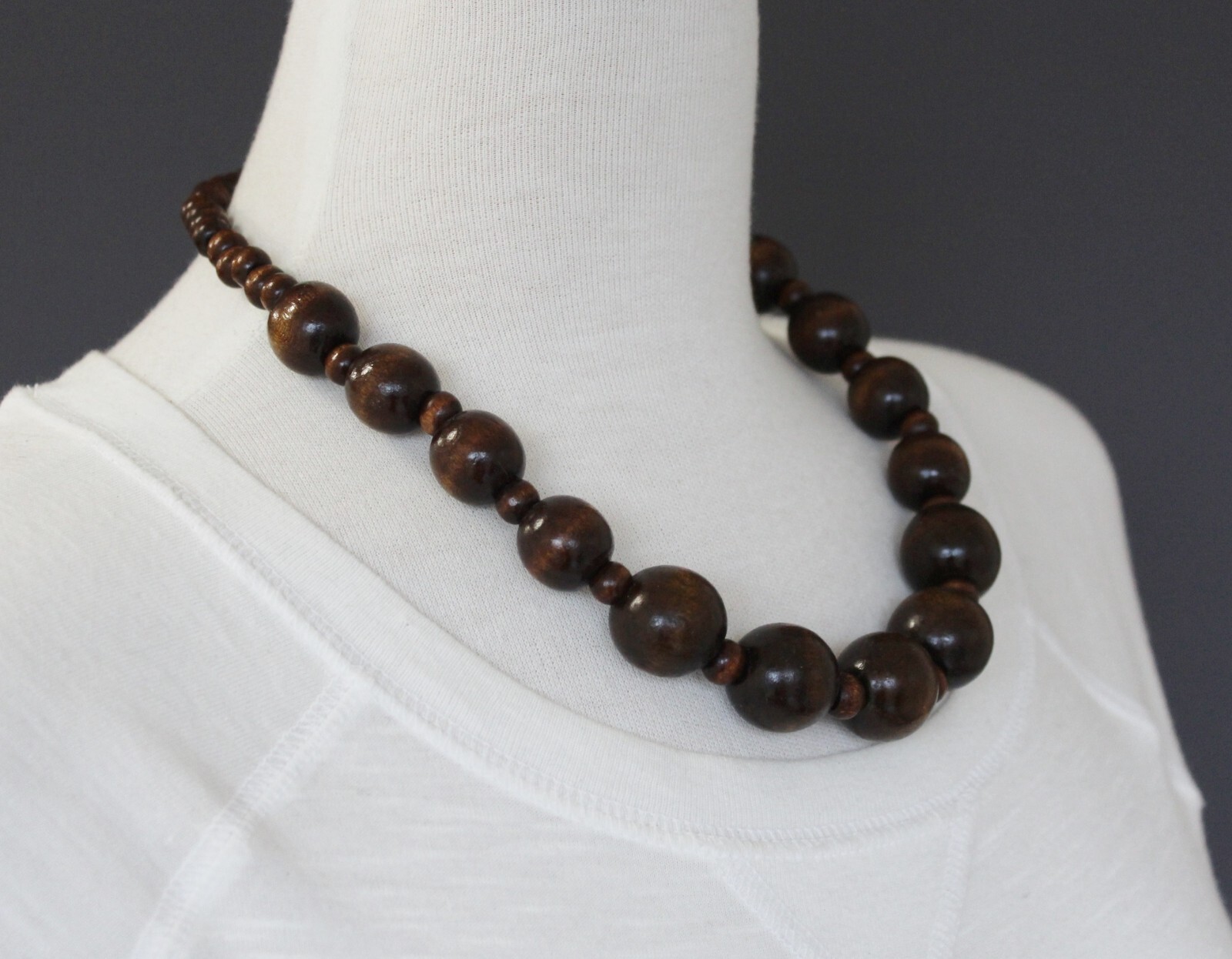 dark Brown wood necklace big chunky bead stretch 21″ long necklace beaded wooden