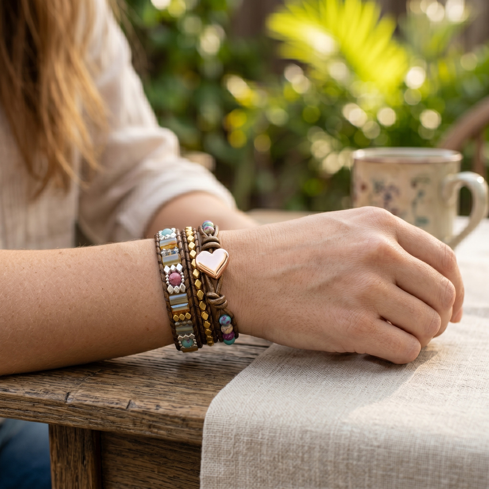 Natural Sea Sediment Jasper Leather Wrap Bracelet Handmade Beaded Cord Women’s