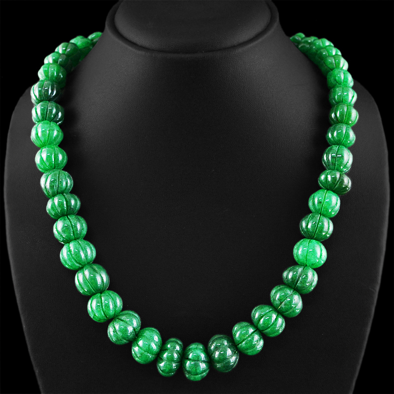 767.55 CTS EARTH MINED ROUND SHAPE CARVED RICH GREEN EMERALD BEADS NECKLACE (RS)
