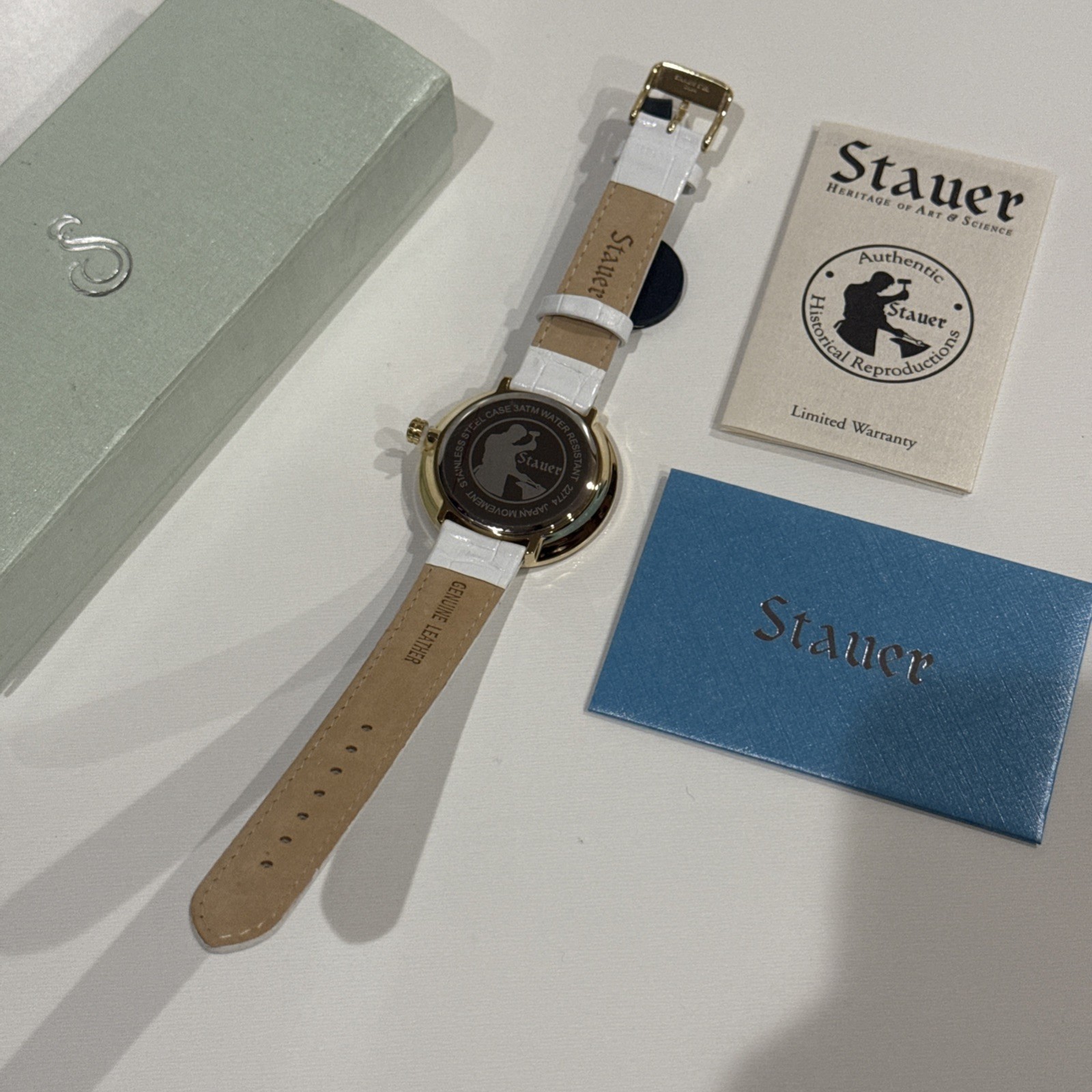 Stauer Womens Pink Baguette Accent Round White Leather Band Watch