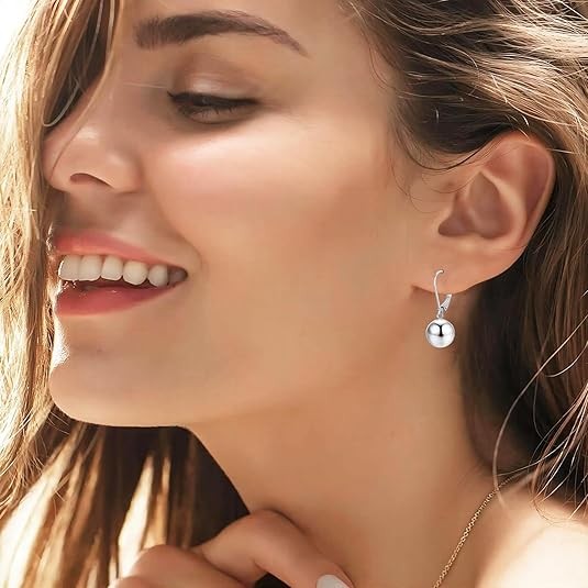 925 Sterling Silver Jewelry Leverback Ball Drop Dangle Earrings for Women 12 MM