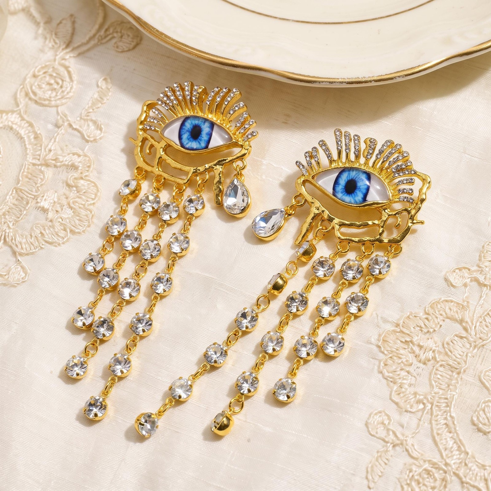 Blue Evil Eye Dangle Earrings, Schiaparelli Style Gold Baroque Crystal Tassel