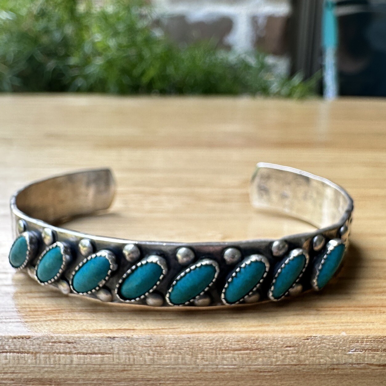 VTG Navajo Open Cuff Bracelet Size 5.75 Blue Turquoise 7 Cabs 925 Sterling 13.9g