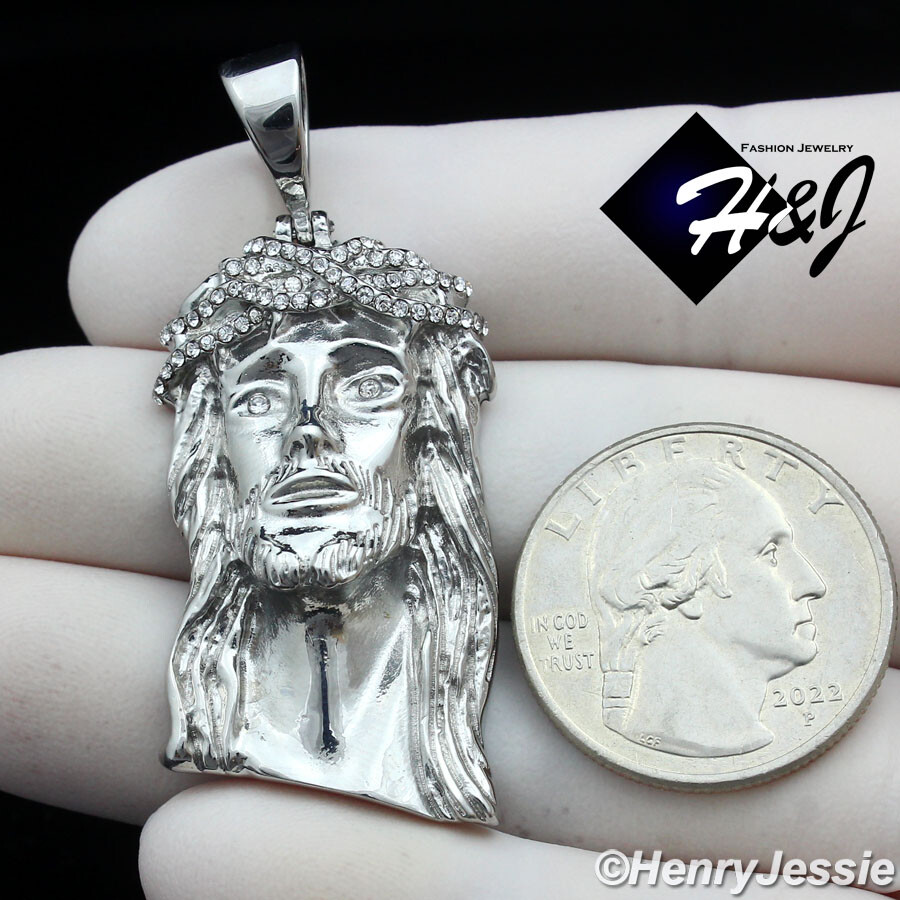 18″-40″MEN Stainless Steel 5mm Silver Cuban Curb Chain CZ Jesus Face Pendant*133