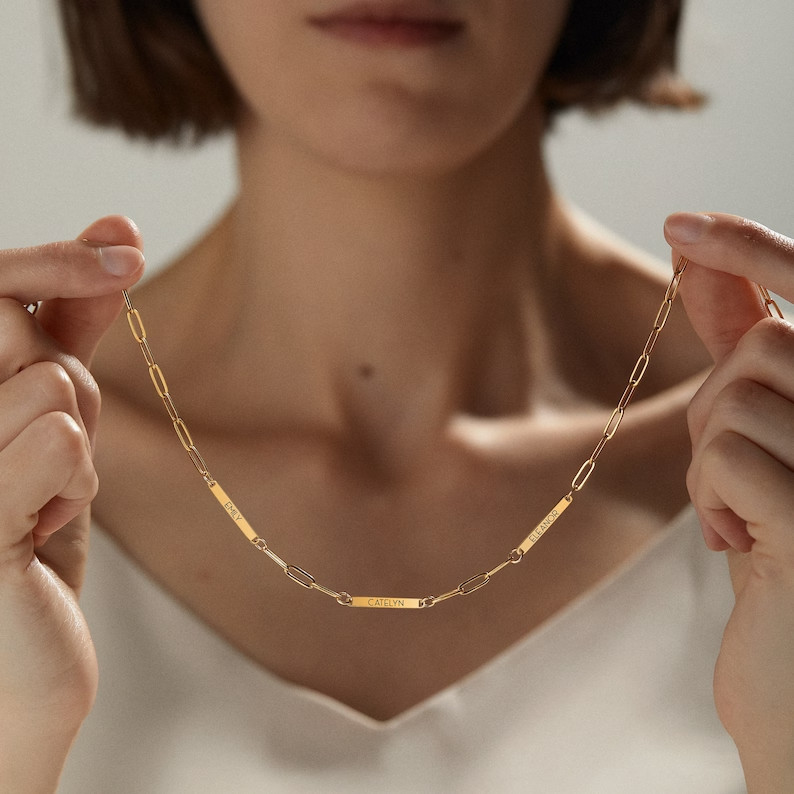 Minimalist 18″ Custom Name Bar Necklace for her 14K Gold Plated Sterling Silver