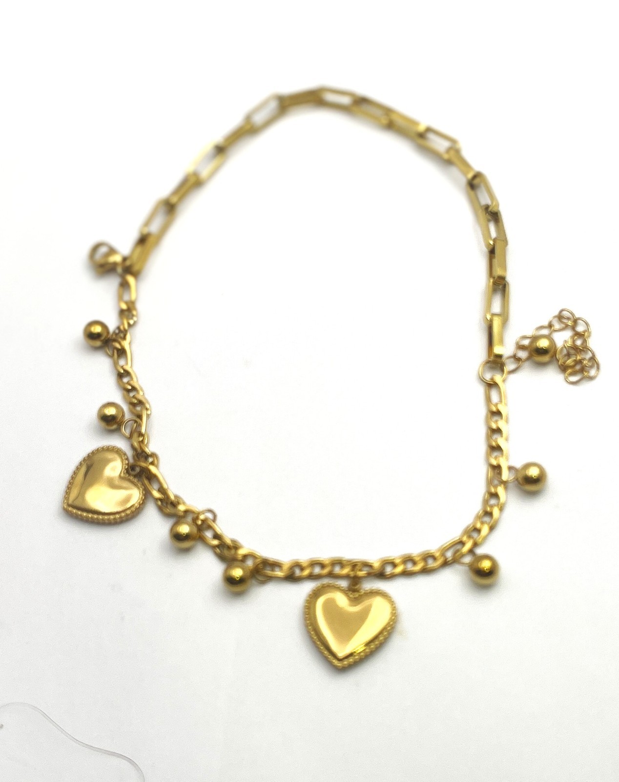 Gold Tone Heart Charm Chain Bracelet Stainless Steel PVD Adjustable