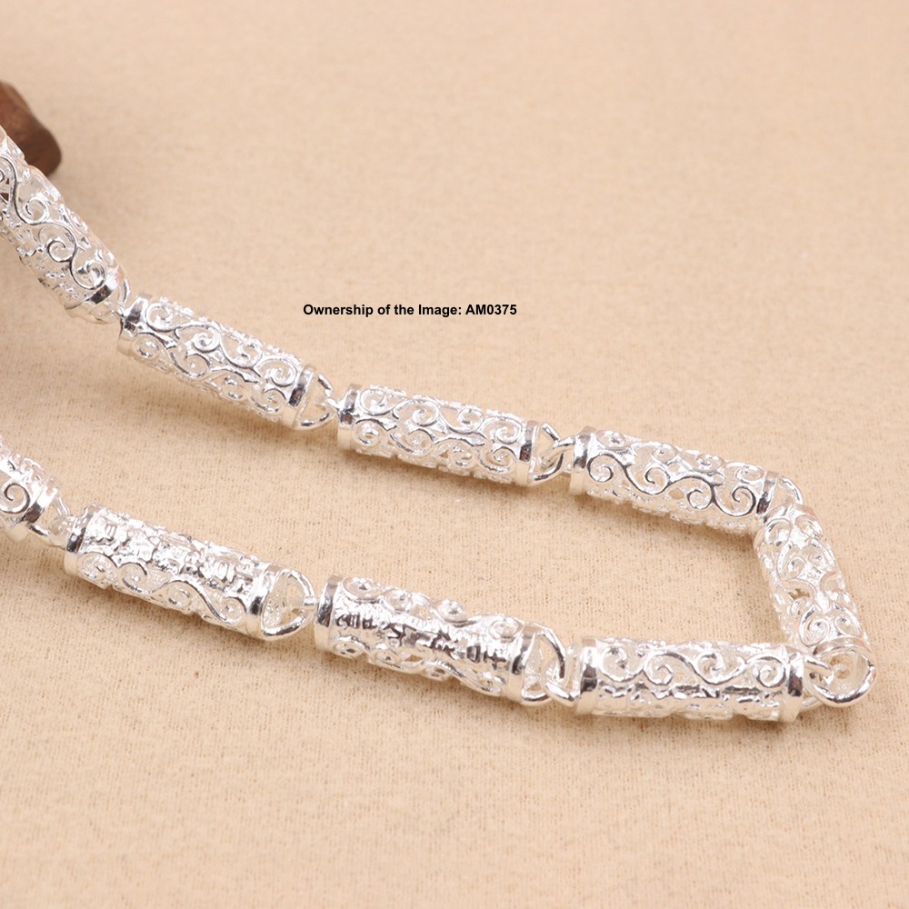 Real 999 Fine Silver Floral Tube Link Chain Necklace 6mm Width Filigree Jewelry