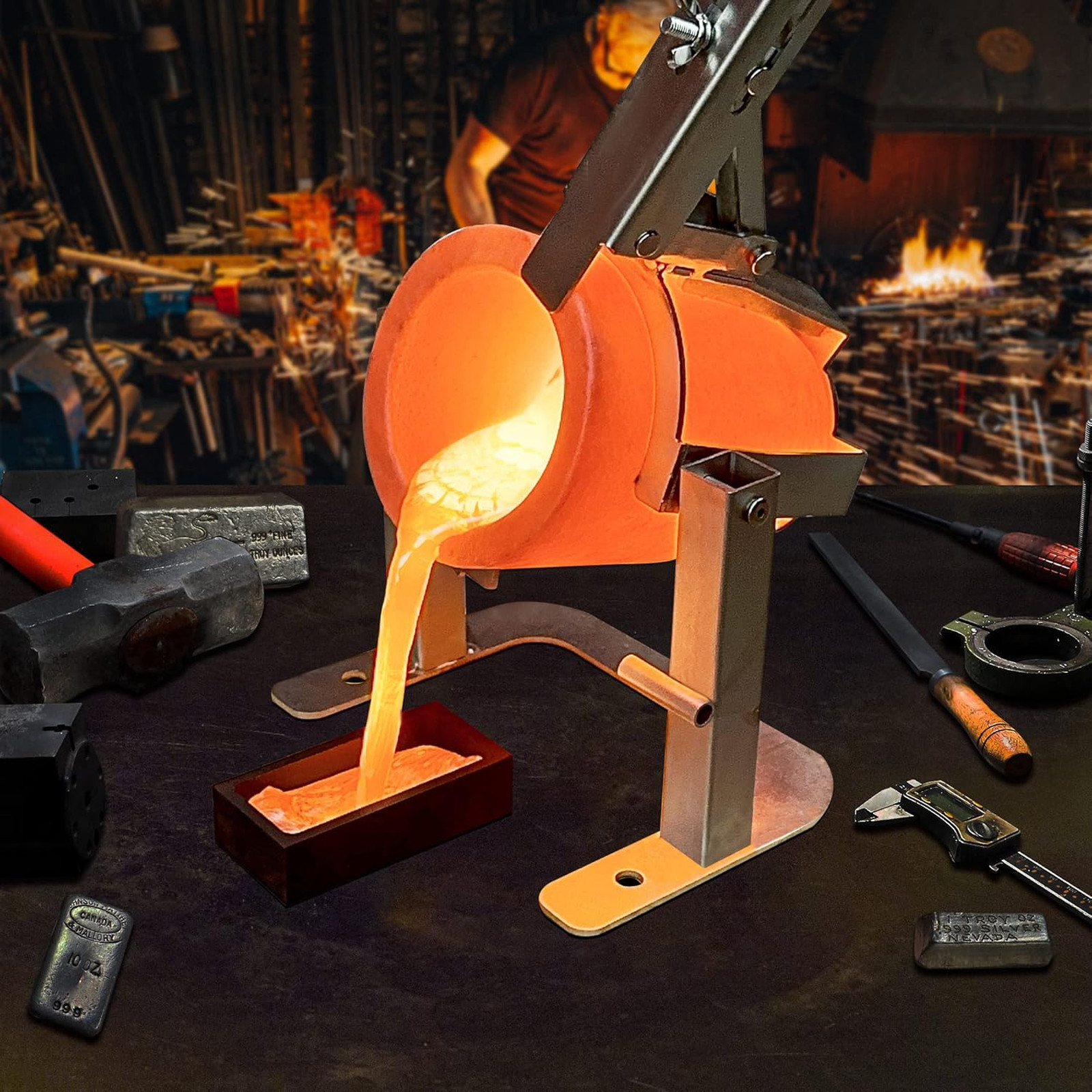 Nelyrho Hand-held Crucible Pouring Tongs/Rack with A Graphite Crucible, Work