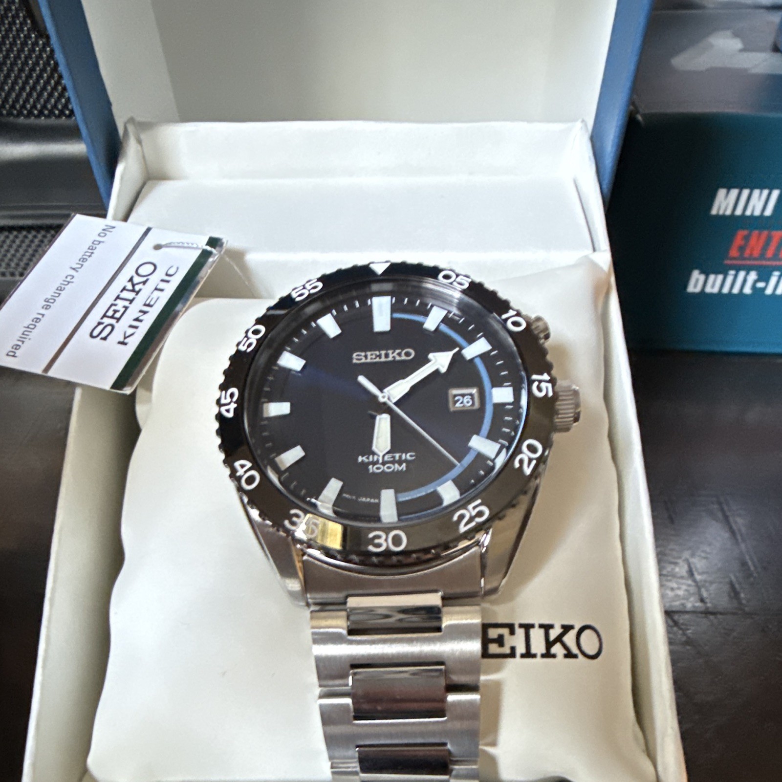 Seiko Kinetic Men’s Watch – 42mm Blue/Black Dial, 100m, Steel Bracelet w/ Box