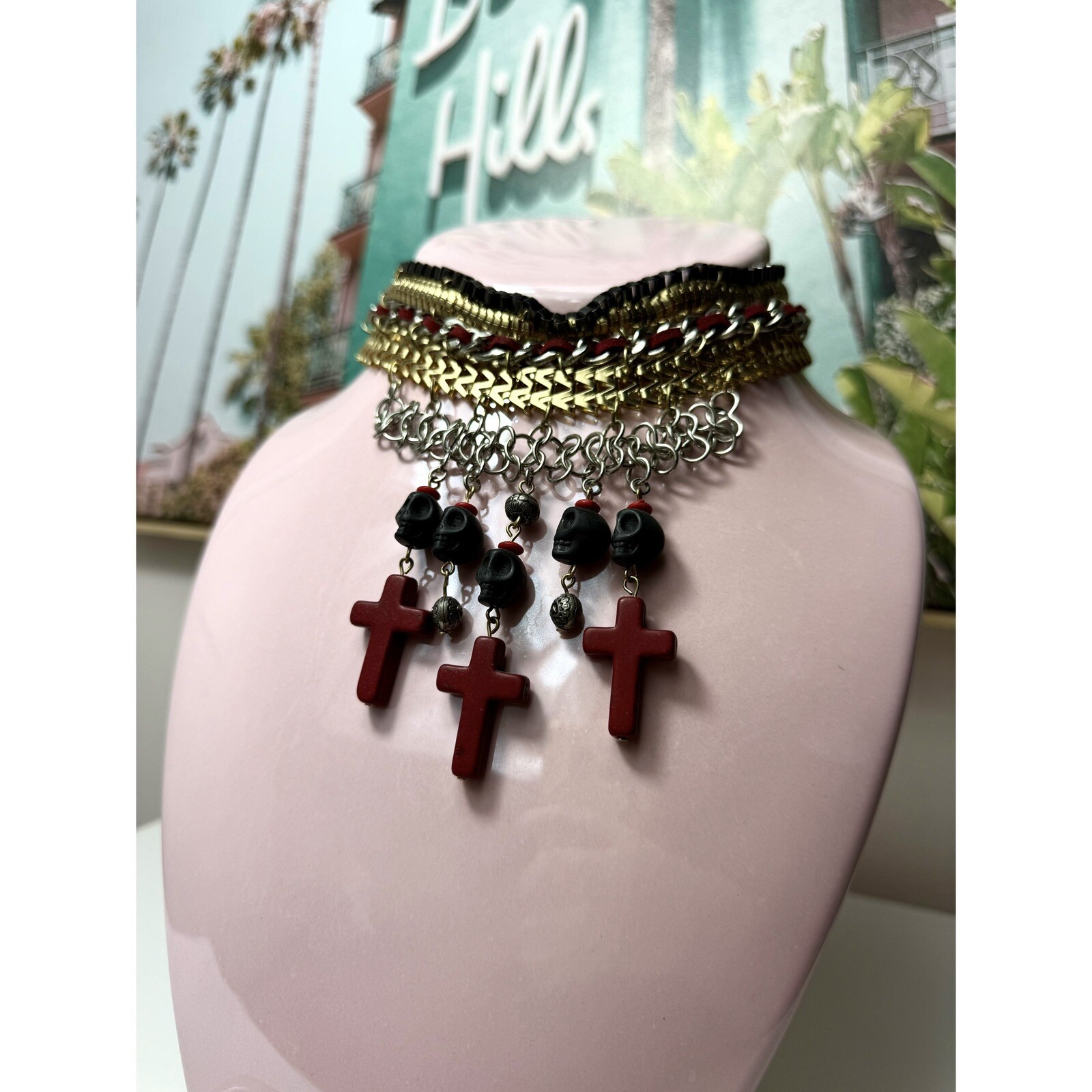 Topshop Silver Gold Black Skulls Cross Stacked Chain Choker Statement Necklace