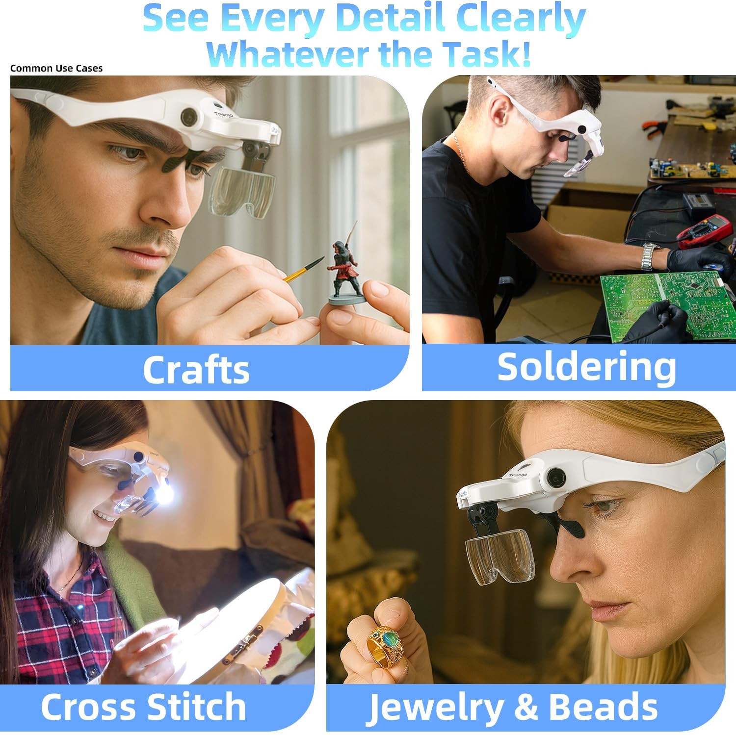 Rechargeable Hands-Free Magnifying Headband for Jewelry Making 2 LED Lights
