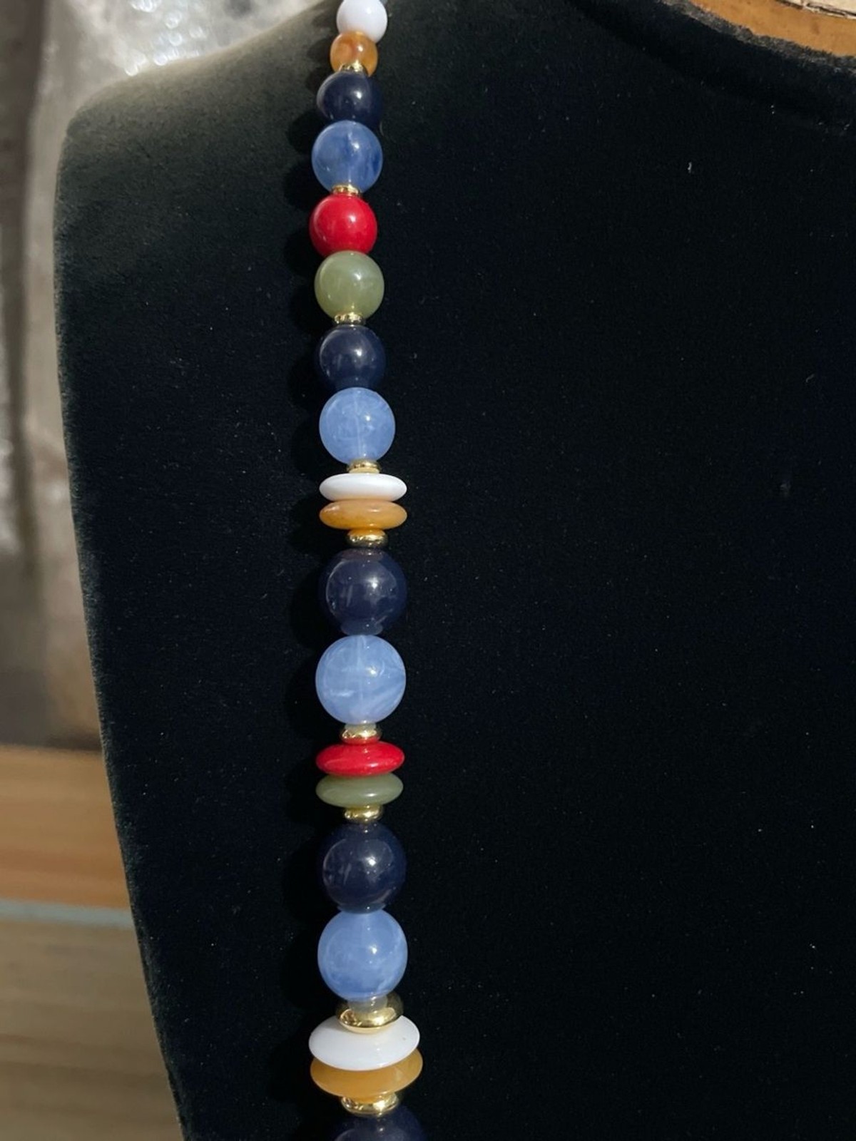 Vintage Handcrafted Multicolor Bead Necklace – Blue, Red, Green, Gold Accents