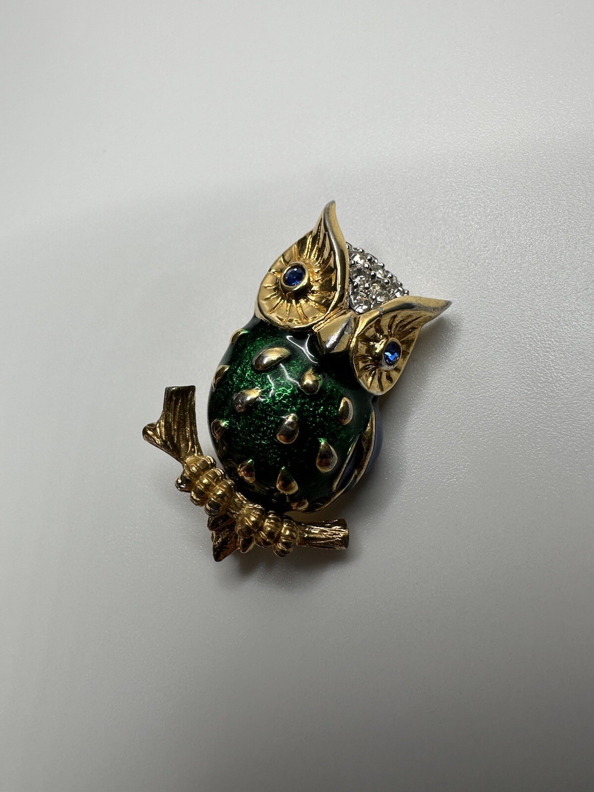 Vintage Gold Blue Green Enamel Rhinestone Owl Brooch 3.6cm JB8