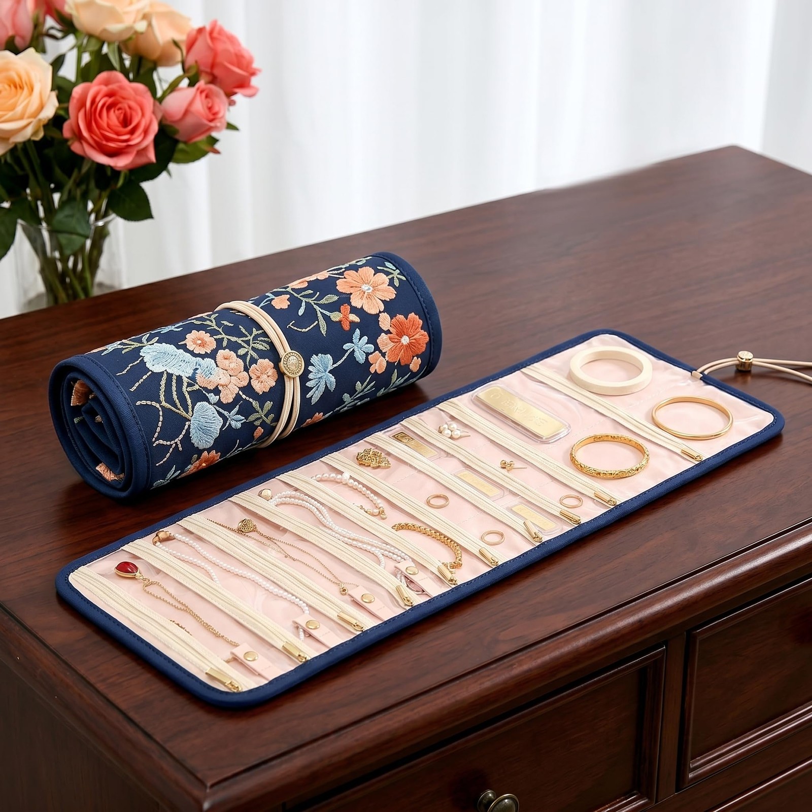 Embroidery Jewelry Roll Organizer Travel Jewelry Storage Roll Case Foldable S…