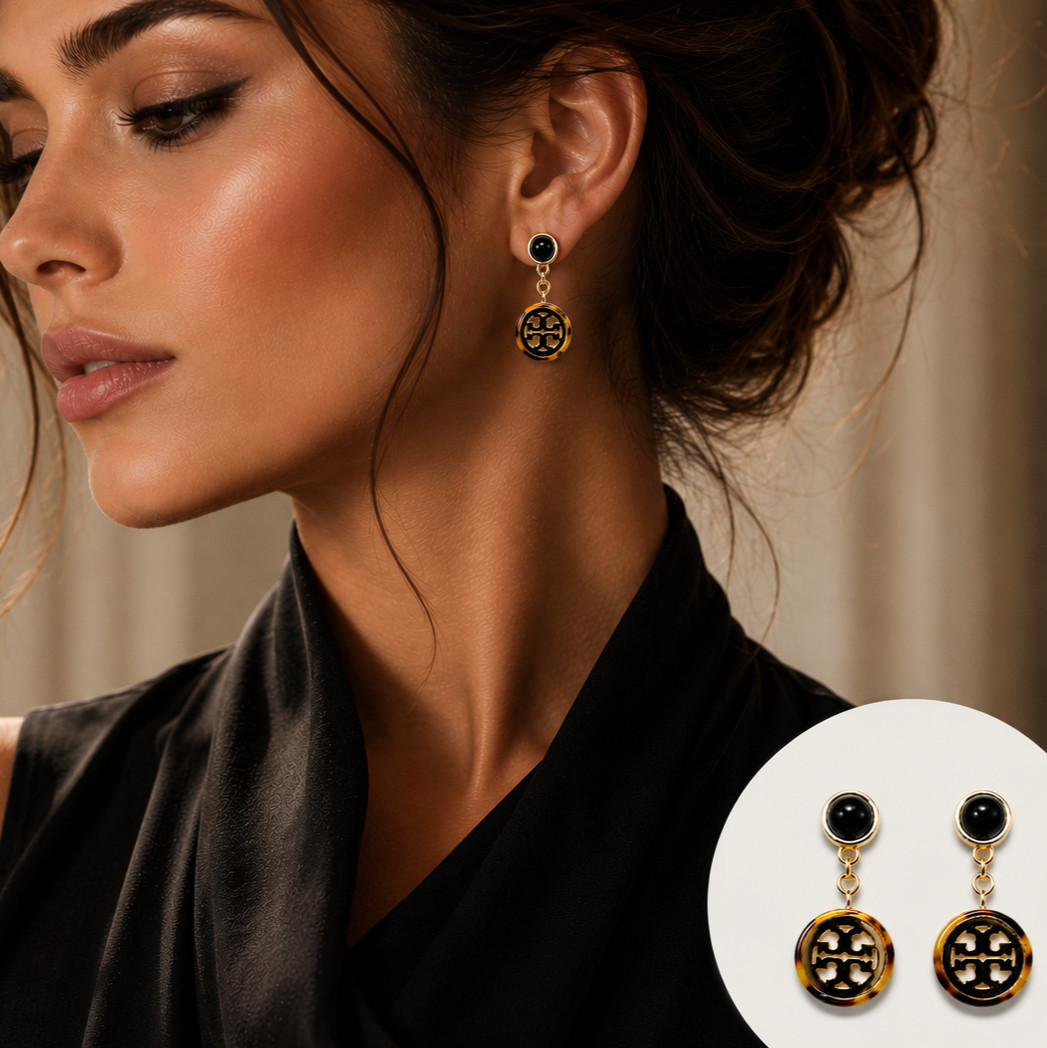 Tory Burch Gold Black Tortoise Double T Logo Resin Drop Dangle Post Earrings New