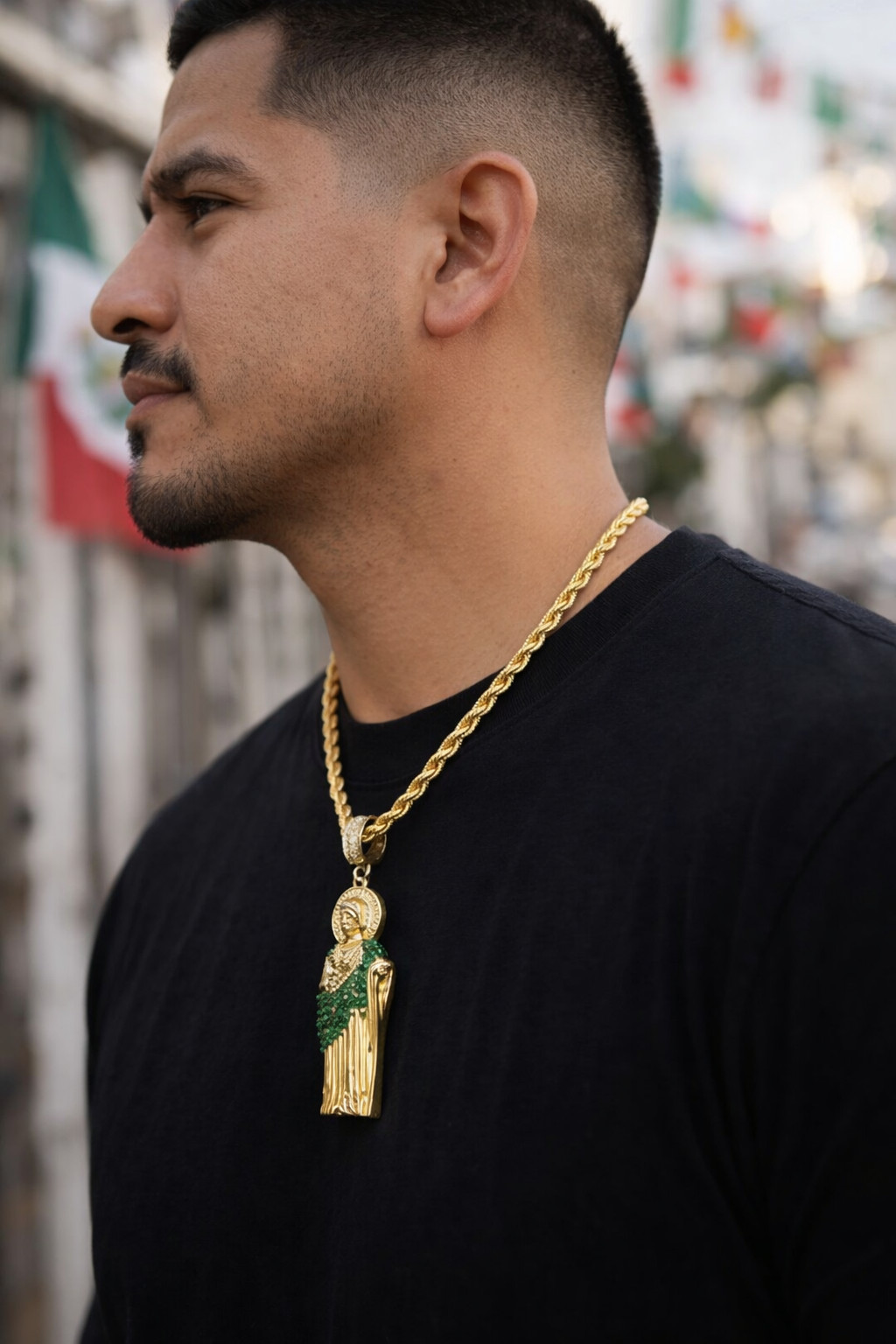 14K Gold Plated San Judas Pendant Necklace with Iced Out CZ, Rope Chain Large GR