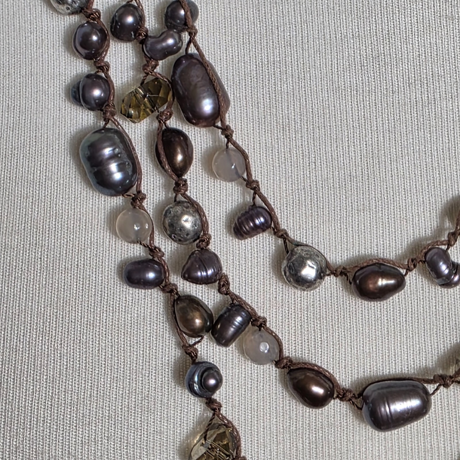 J. Jill Triple Strand Necklace Gray & Bronze Colored Beads on Brown Cord