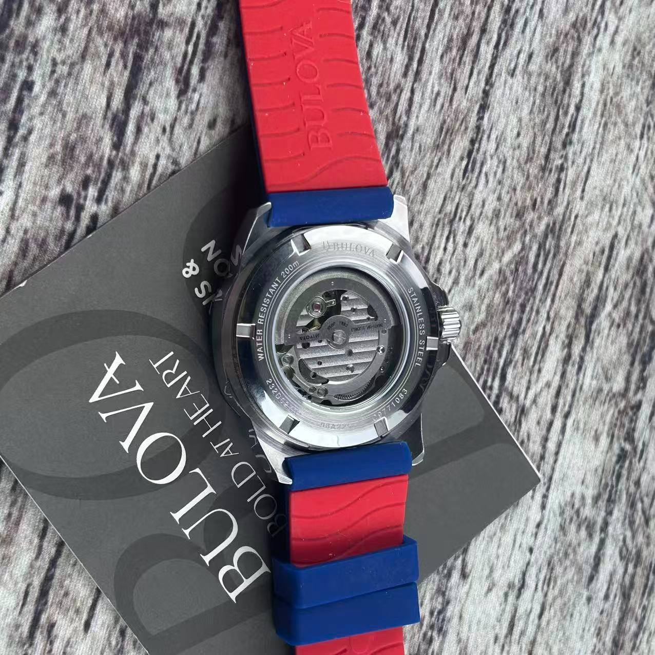 New Bulova Marine Star 98A225 Men’s Automatic Watch White Dial Blue Rubber Strap