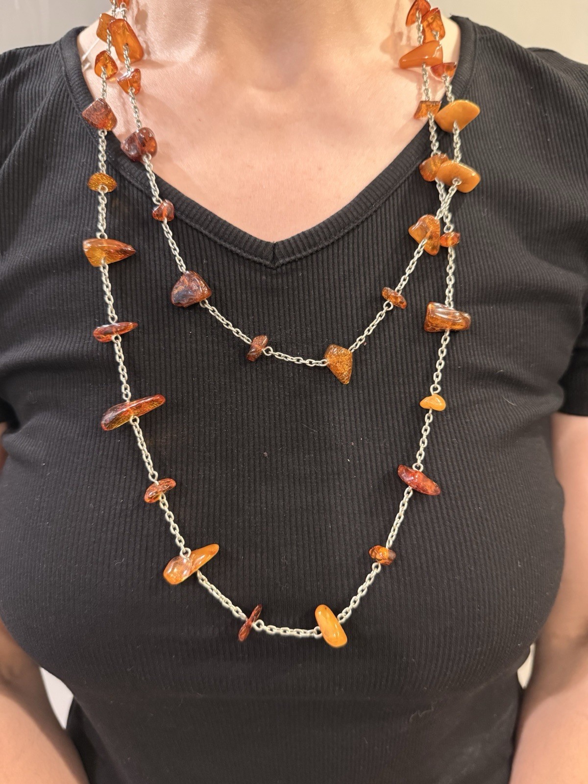 Vintage Genuine Amber Long Nugget Bead Necklace Honey Cognac 41g Estate