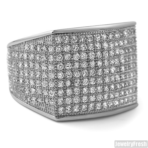 Simple Large Micropave 360 Iced Out CZ Mens Ring Silver