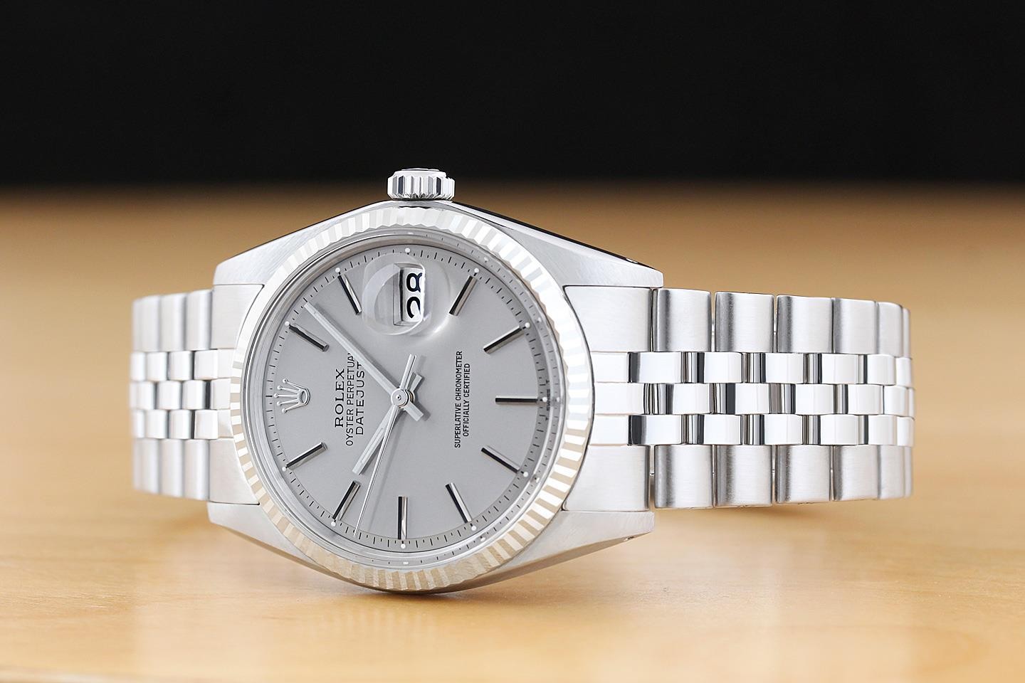 ROLEX DATEJUST 1601 18K GOLD STEEL GRAY DIAL WATCH w/ ROLEX FOLDED BRACELET