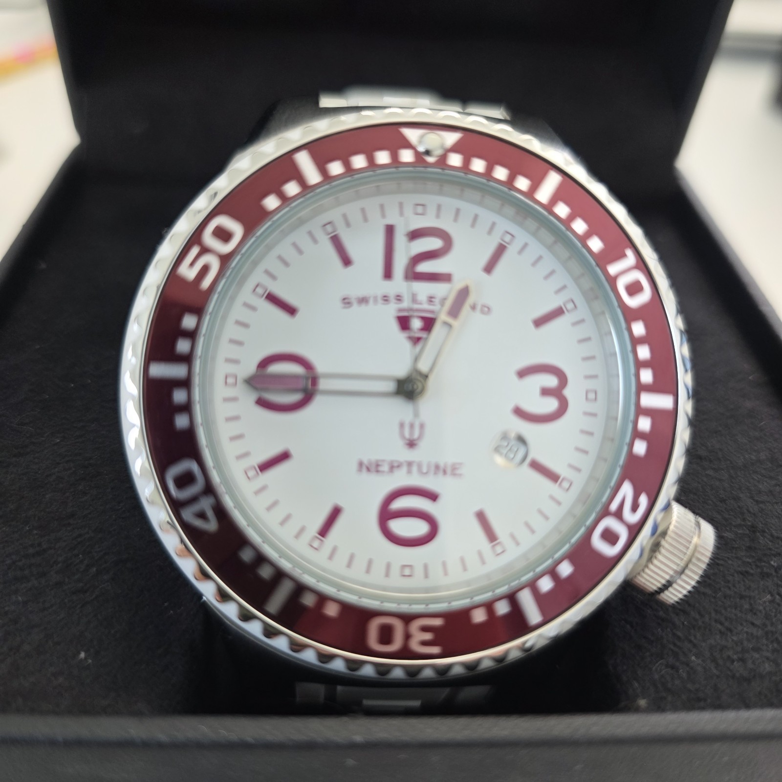 Swiss Legend Neptune Watch White Silicone Burgundy Luminous Indices 55mm