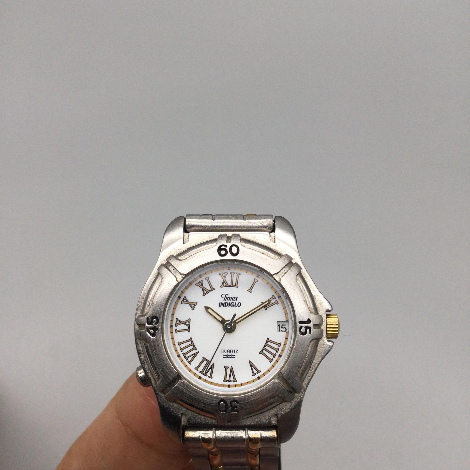 Timex Indiglo Womens Watch 28mm White Dial Two Tone Bracelet New Battery 5.5″