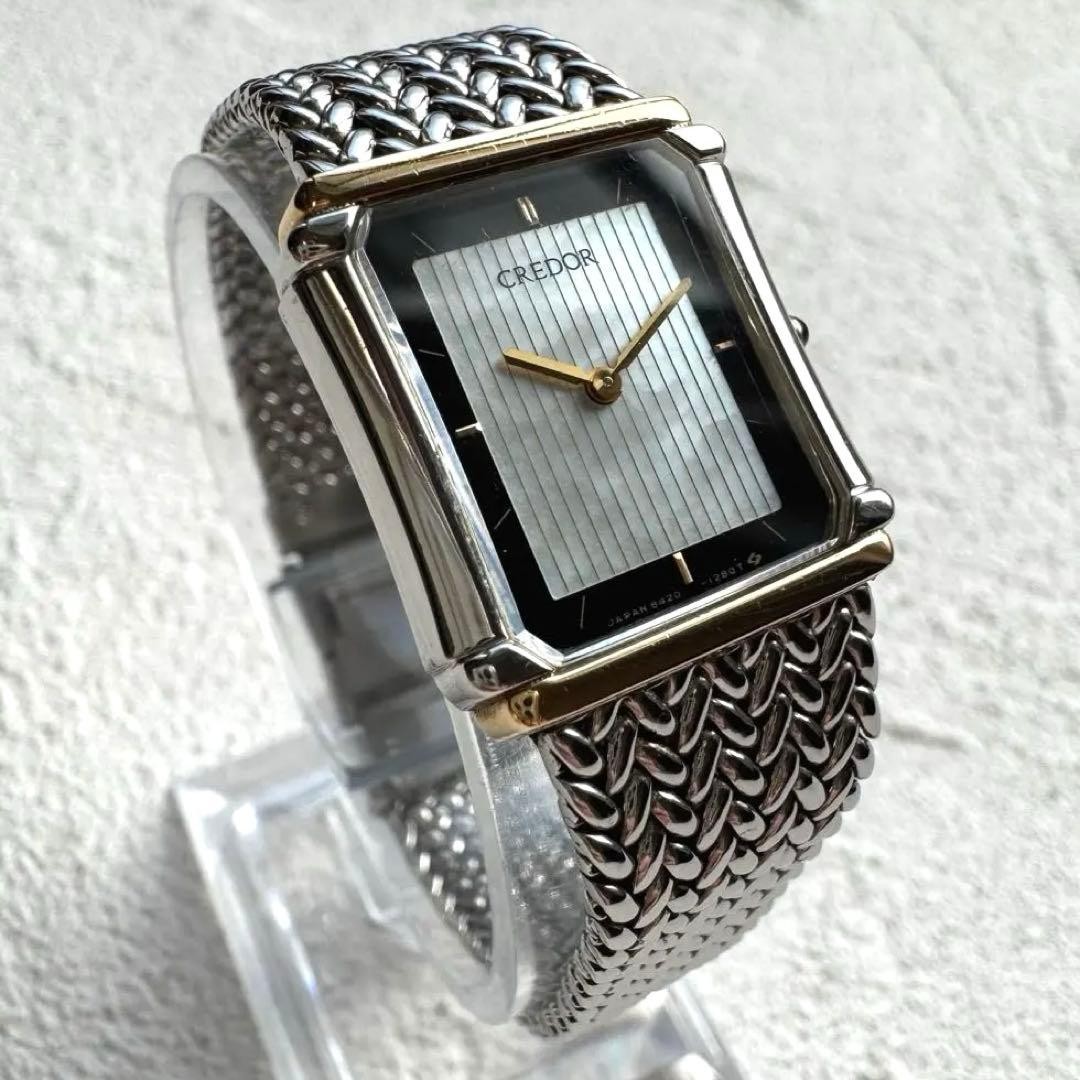 SEIKO CREDOR 8420-6690 SS 18K Shell Dial Rectangular Working Watch Auth from JP