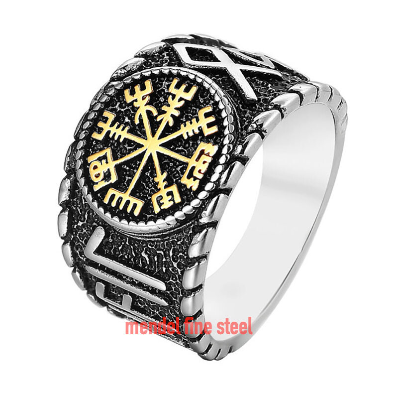 MENDEL Mens Stainless Steel Pagan Viking Vegvisir Rune Signet Ring Men Size 7-15