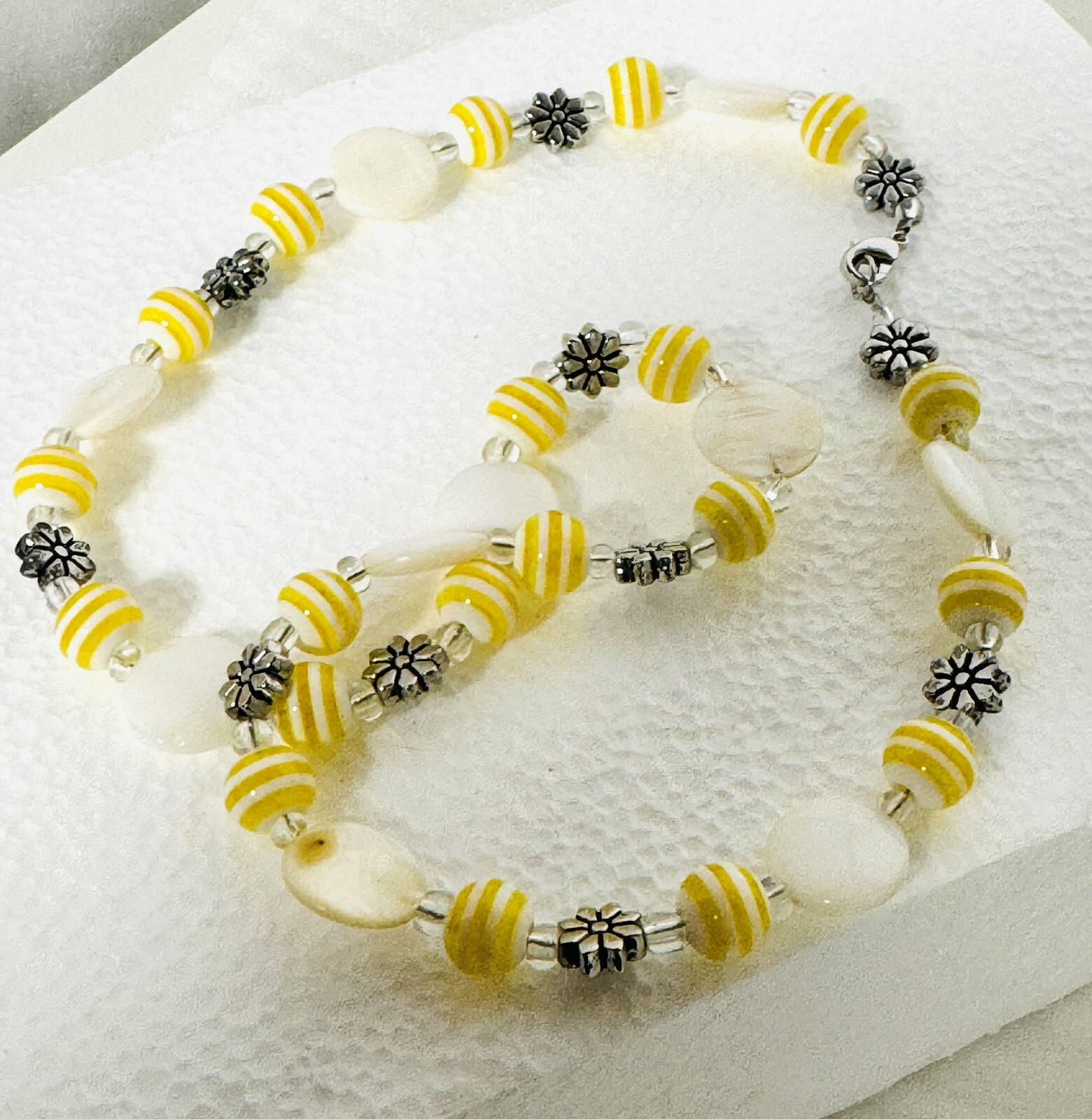Acrylic Lucite Stripe Beads Silver Flower Necklace White Yellow Spring Handmade