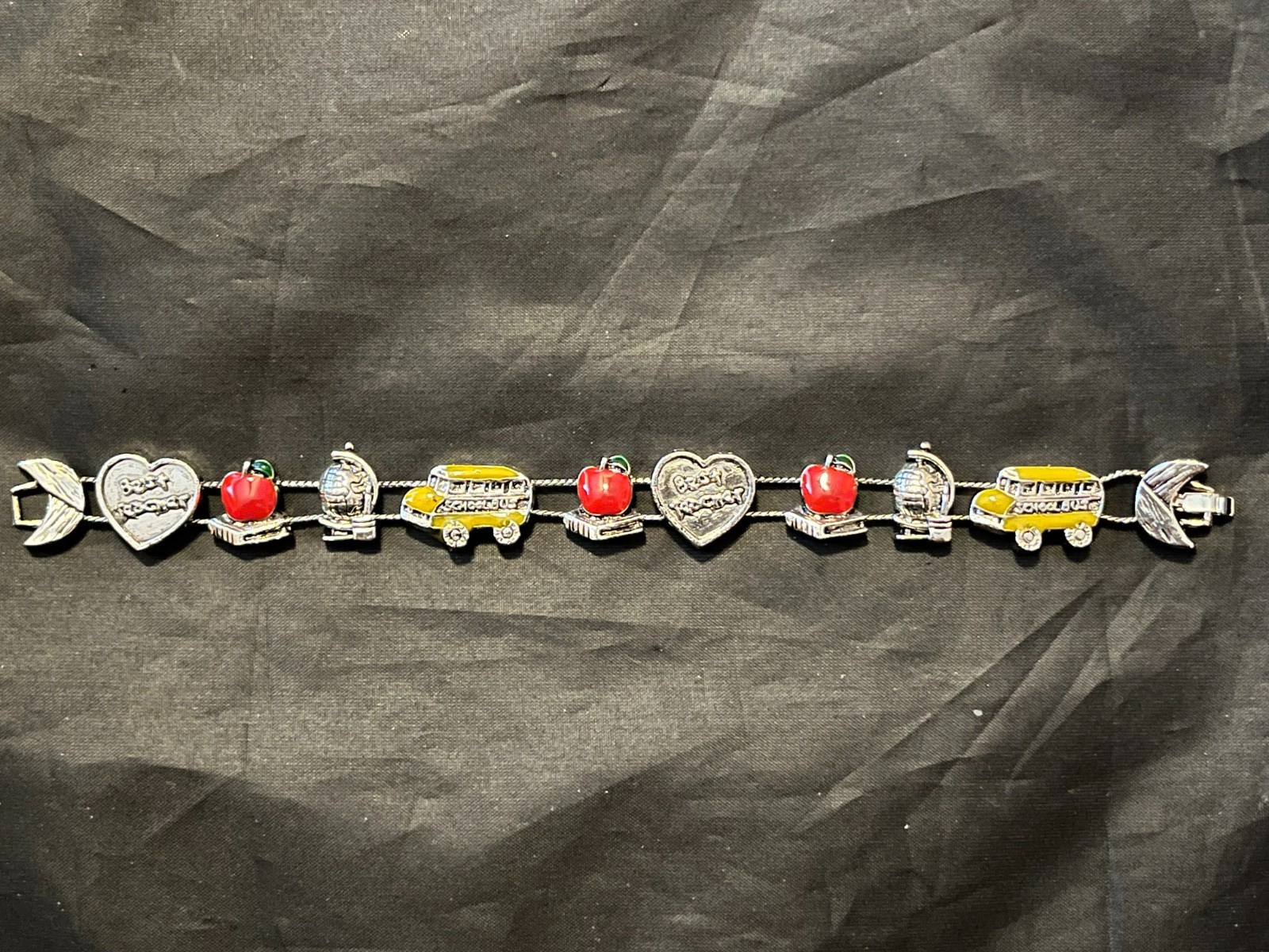 Adorable Best Teacher School Apple Globe Bus Silver Fashion Slide Bracelet NEW!