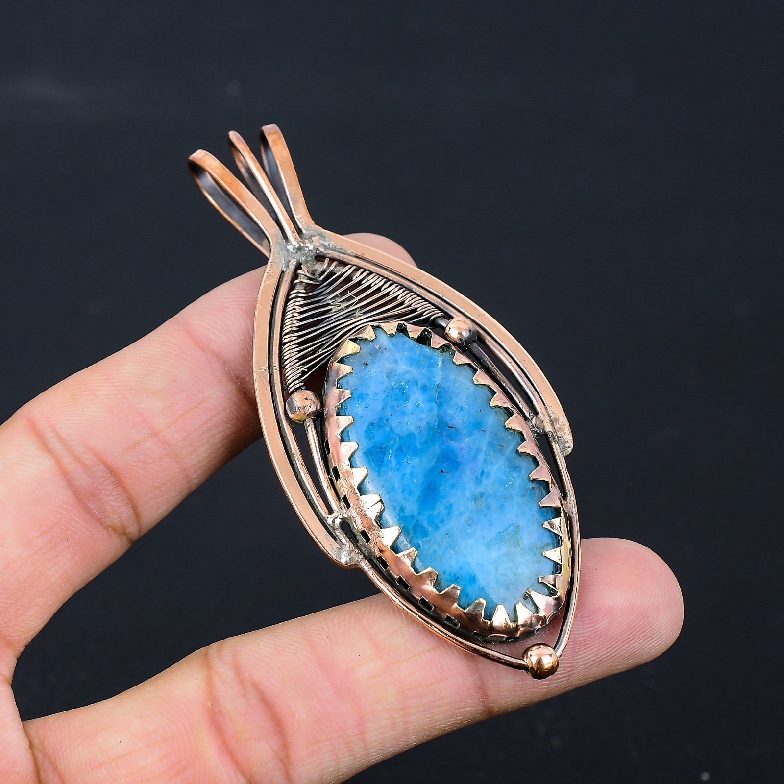 Neon Blue Apatite Handmade Gemstones Copper Wire Wrap Wedding Jewelry Pendant