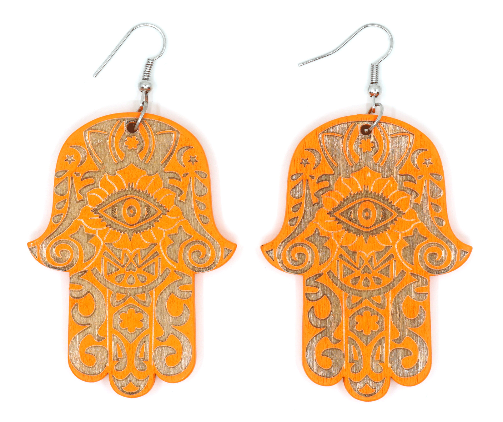 TB Hamsa Hand of Fatima Evil Eye Colorful Wood Natural Dangle Fashion Earrings