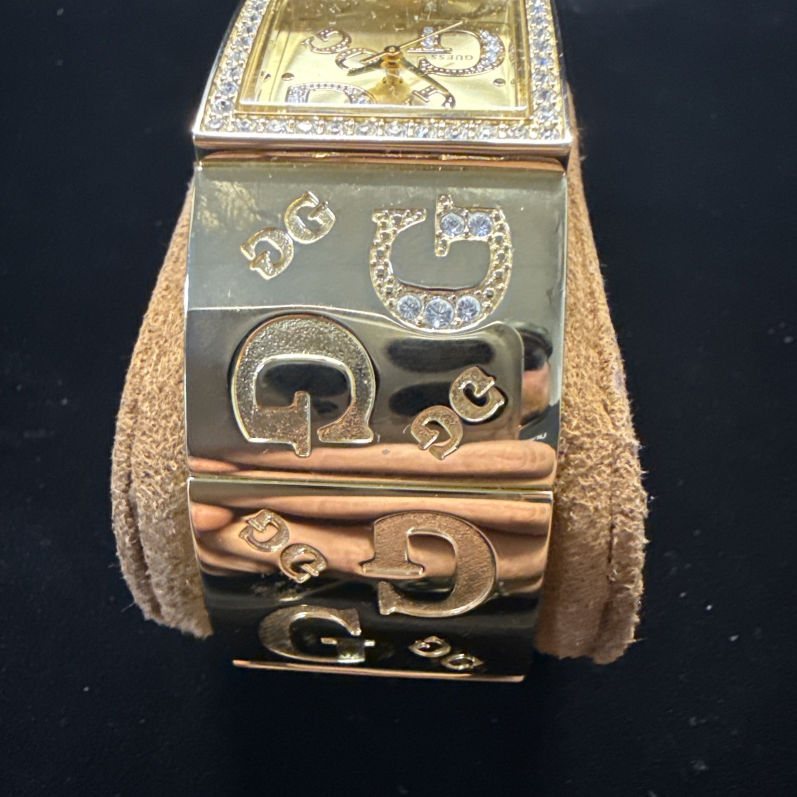 Guess Gold Tone And Rhinestone Logo Womens Watch Statement Piece 6.50 Inches 90s