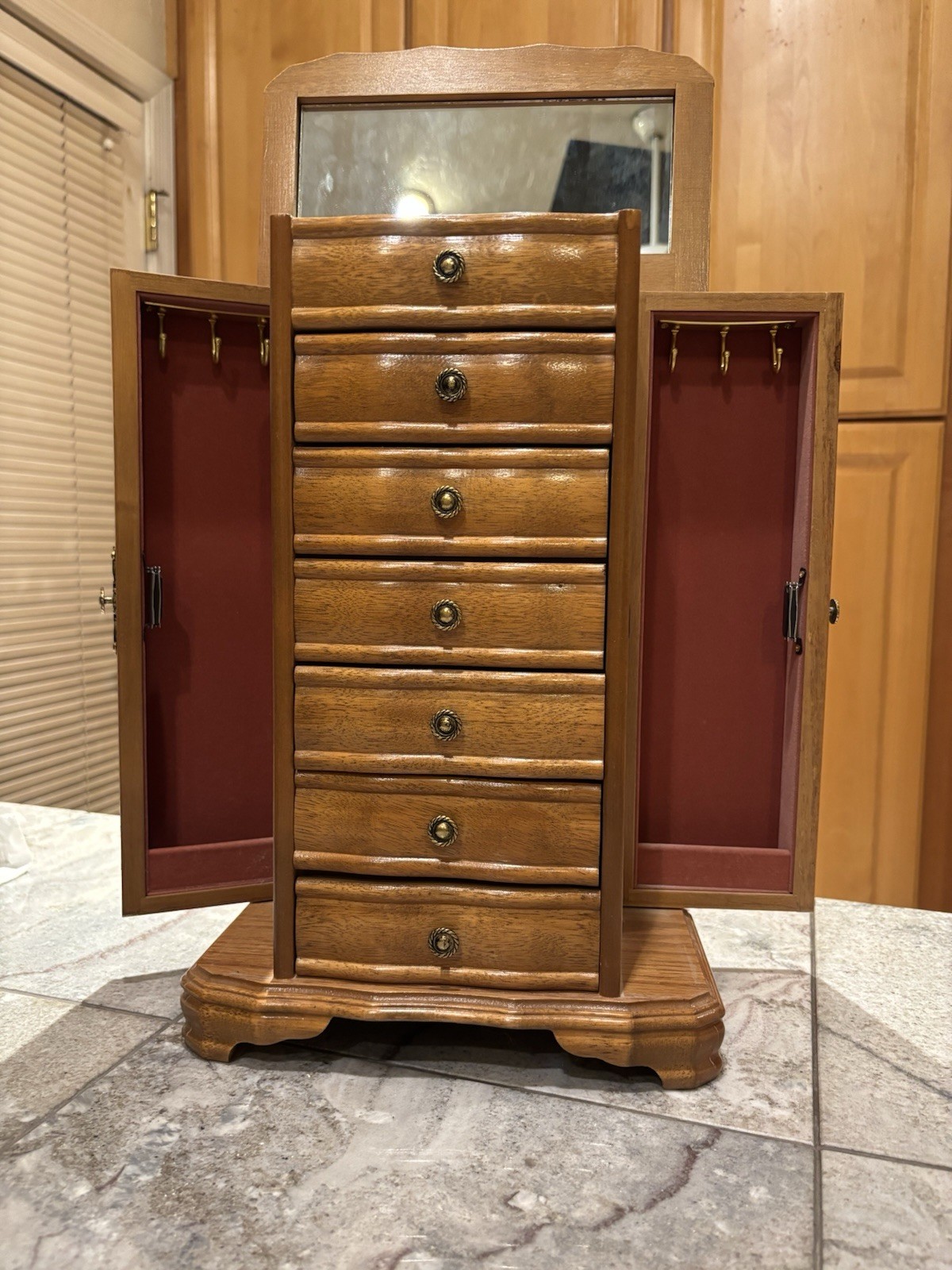 Vintage Wooden Jewelry Armoire Box Tower 7 Drawer Flip Mirror Necklace Doors⁠