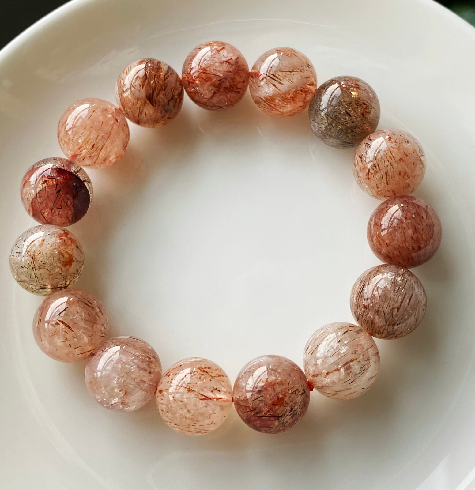 13.4mm Natural Red Gold Rutilated Quartz Crystal Beads Bracelet C758