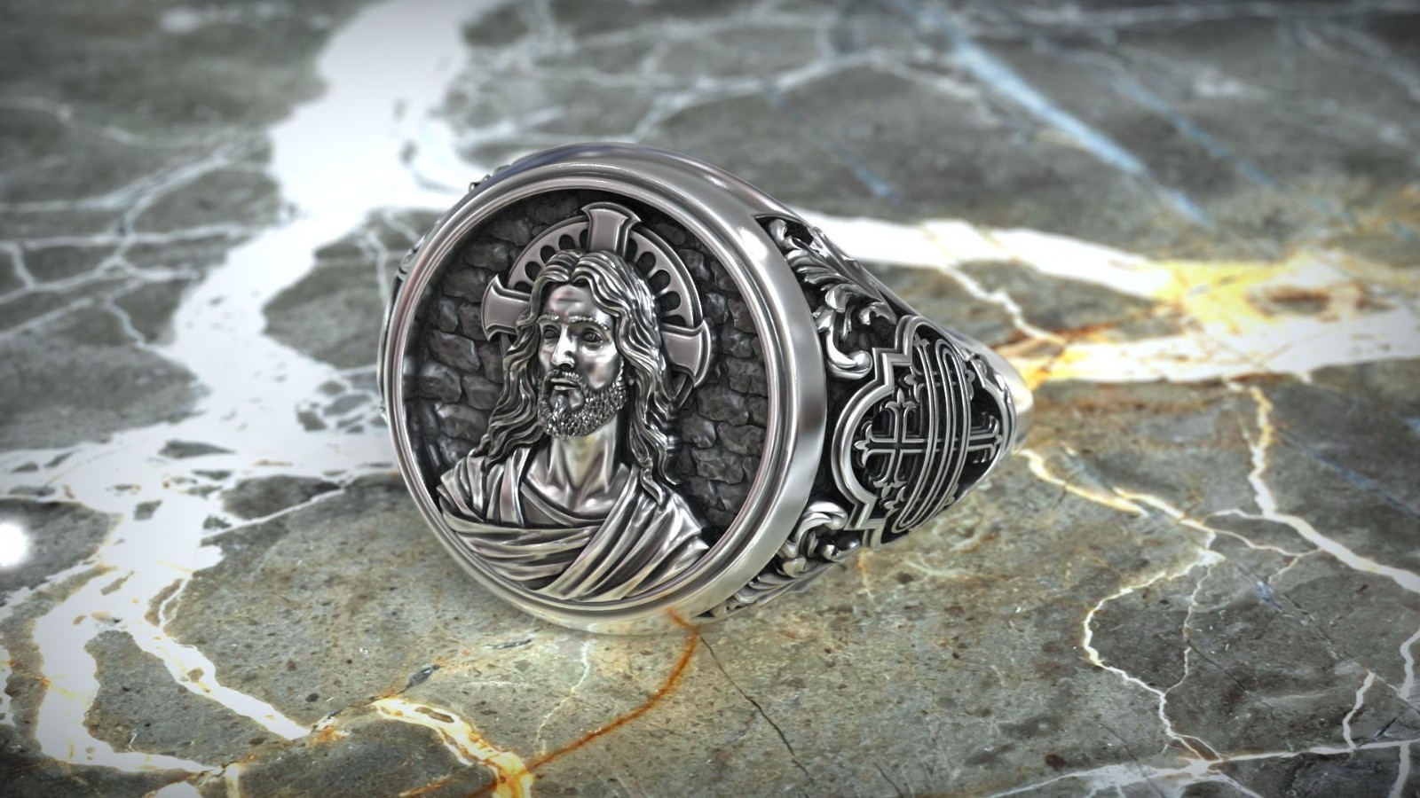 Oxidized Men’s Jesus Christ Christogram Symbol Sacred Christian 925 Silver Rings