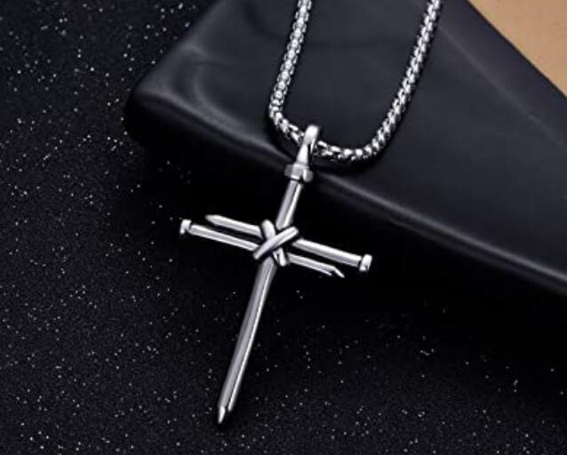 Men’s Stainless Steel Nail Cross Pendant Necklace 24 Inch Chain Polished Silver