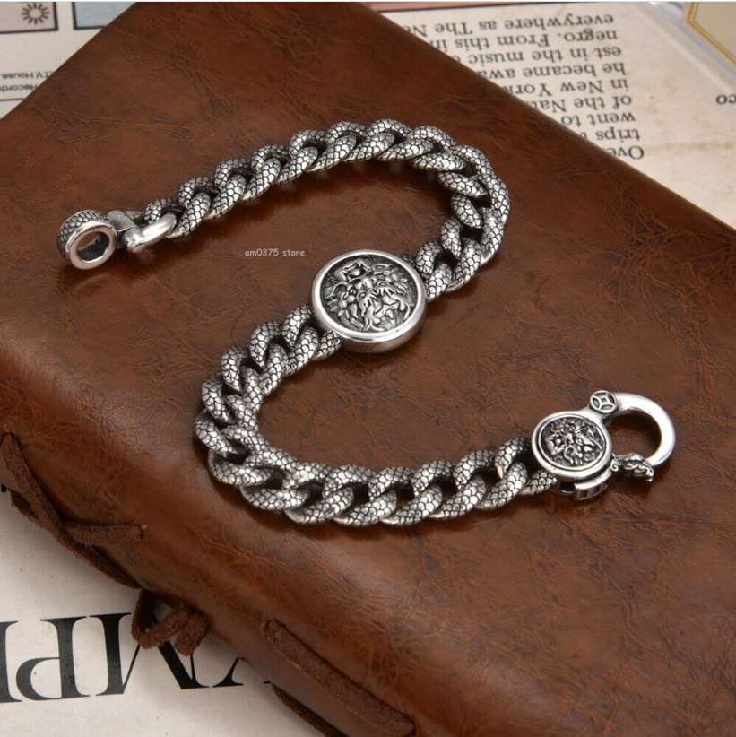 Solid Sterling Silver 925 Metal Purity Bracelet Dragon Head Curb Link Chain
