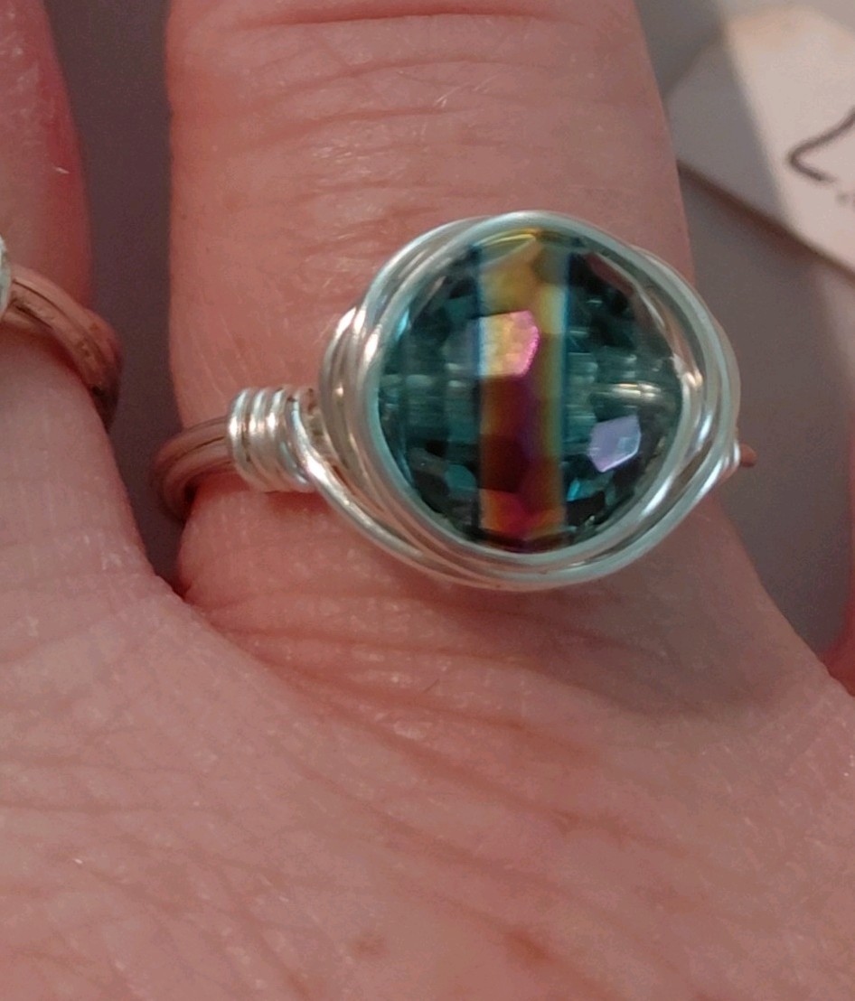 Silver Plated Copper Wire Wrapped Iridescent Glass Bead Ring Size 7.25