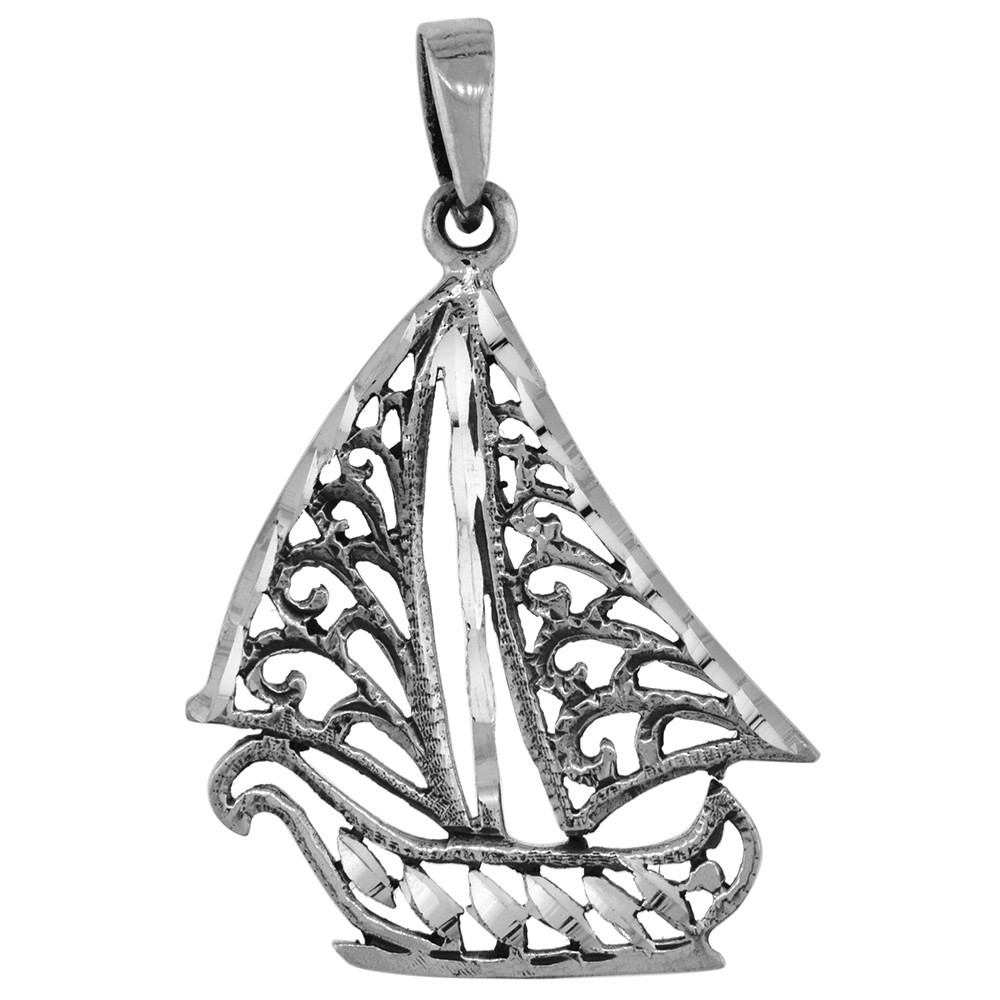 925 Sterling Silver Fancy Filigree Sailboat Necklace with 16-24 Inch Long Chain
