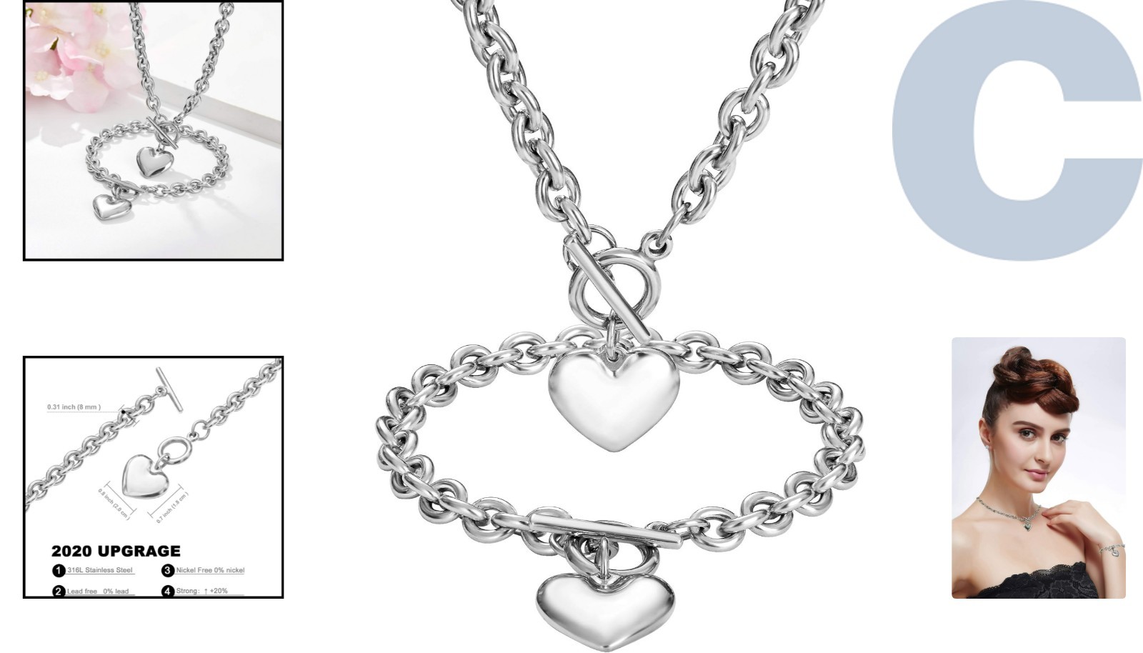 Luxury Heart Jewelry Set in 18K Gold/Rose Gold – Necklace & Bracelet Combo