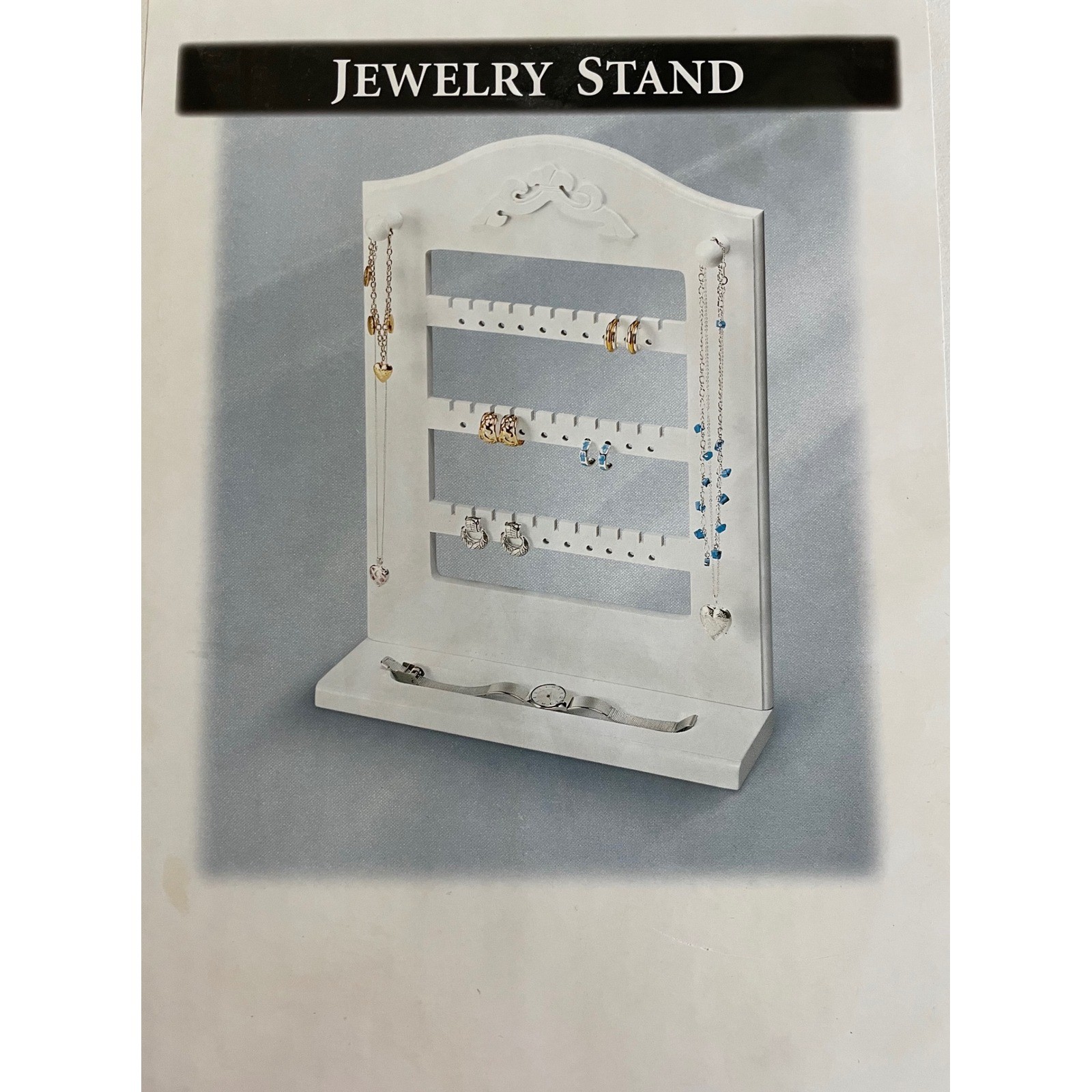 NIB White Shabby Chic Wooden Jewelry Stand Countertop Earring Holder Organizer