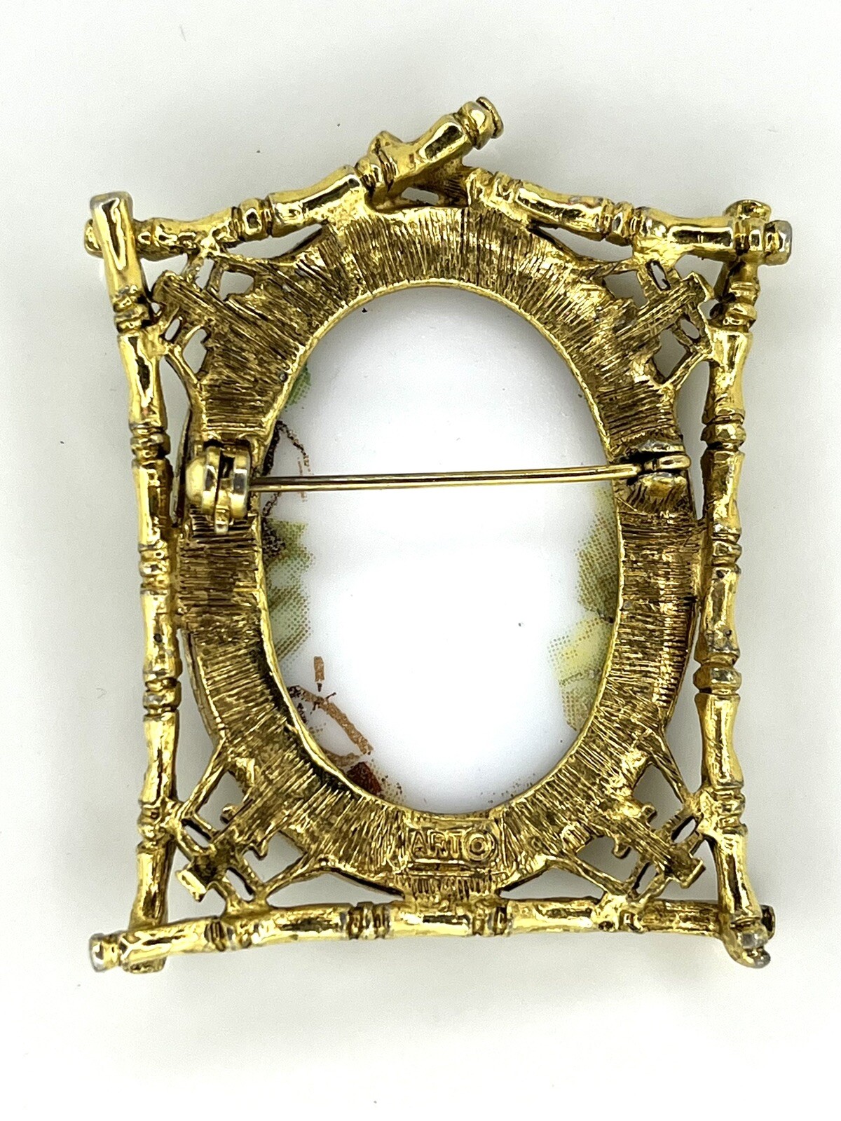 Vintage ART Arthur Pepper Enamel Brooch Bamboo Frame Asian Couple Scene Signed