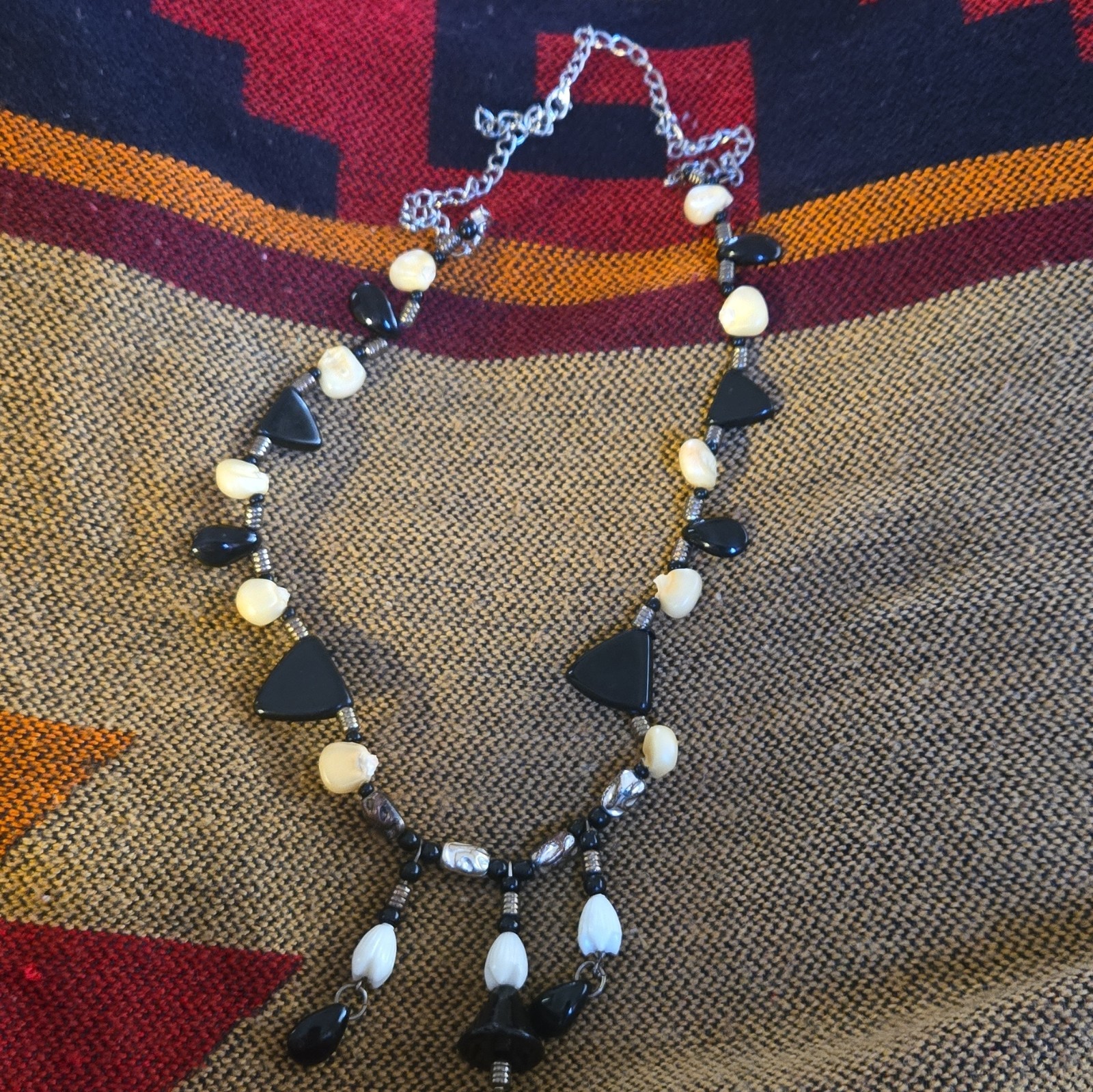 Silver Tone Black White Beaded Statement Necklace Cable Chain Adjustable Lobster