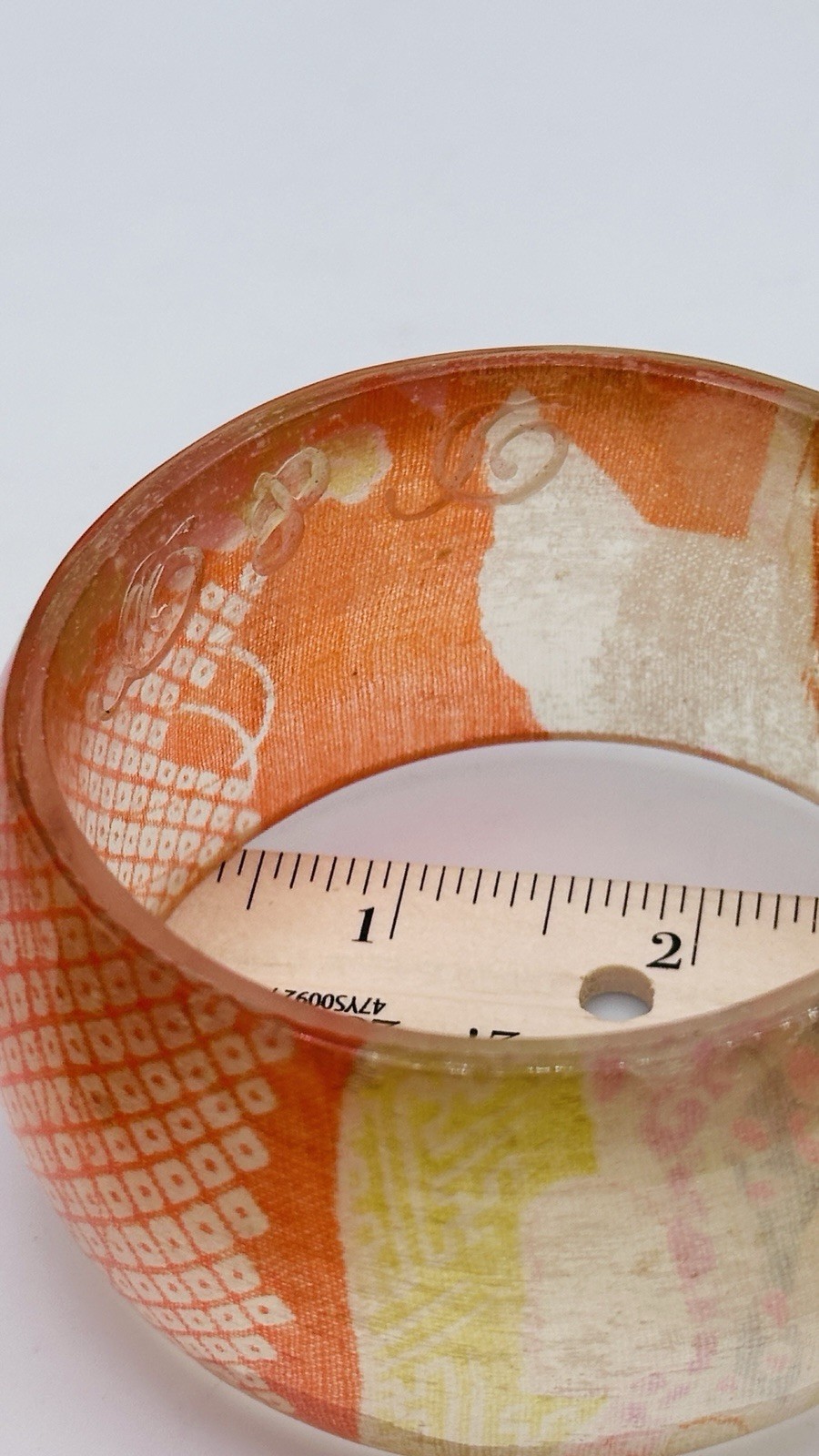 Vintage Signed Asian Geisha Decoupage Lucite Wide Bangle Bracelet Orange