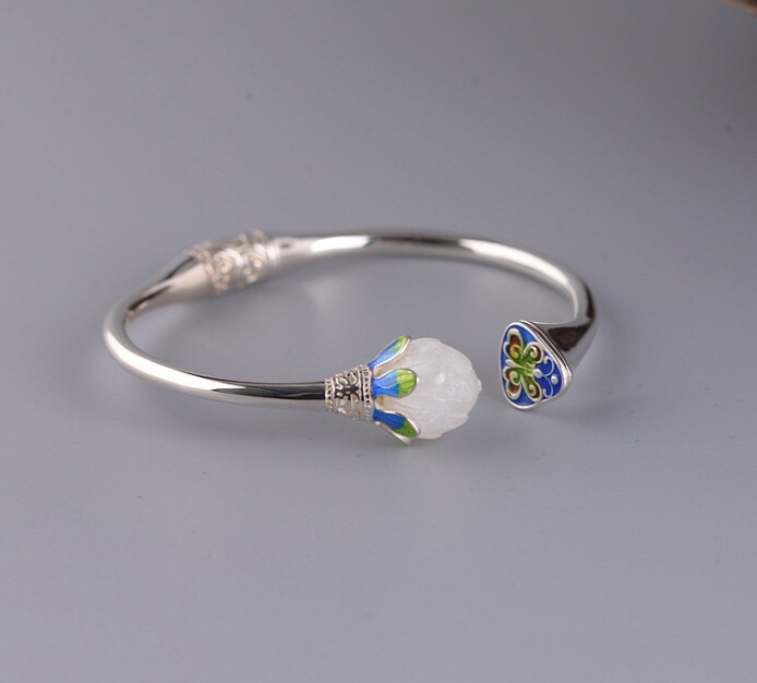 I05 Silver 925 Lotus Flower White Jade Cloisonne Blue Green Bangle Bracelet
