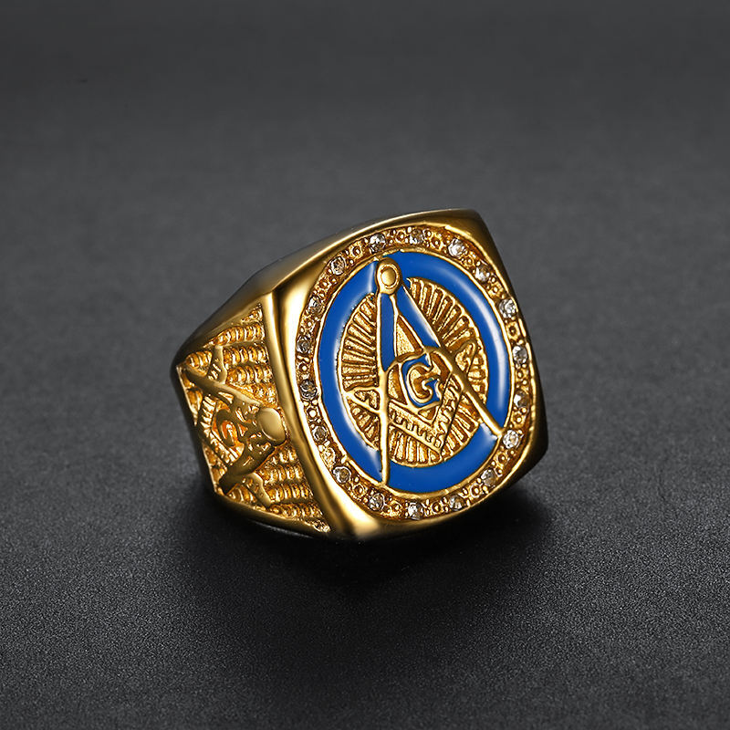 Masonic Ring Freemason Men’s Stainless Steel Crystal Gold Mason G Pillar Cross