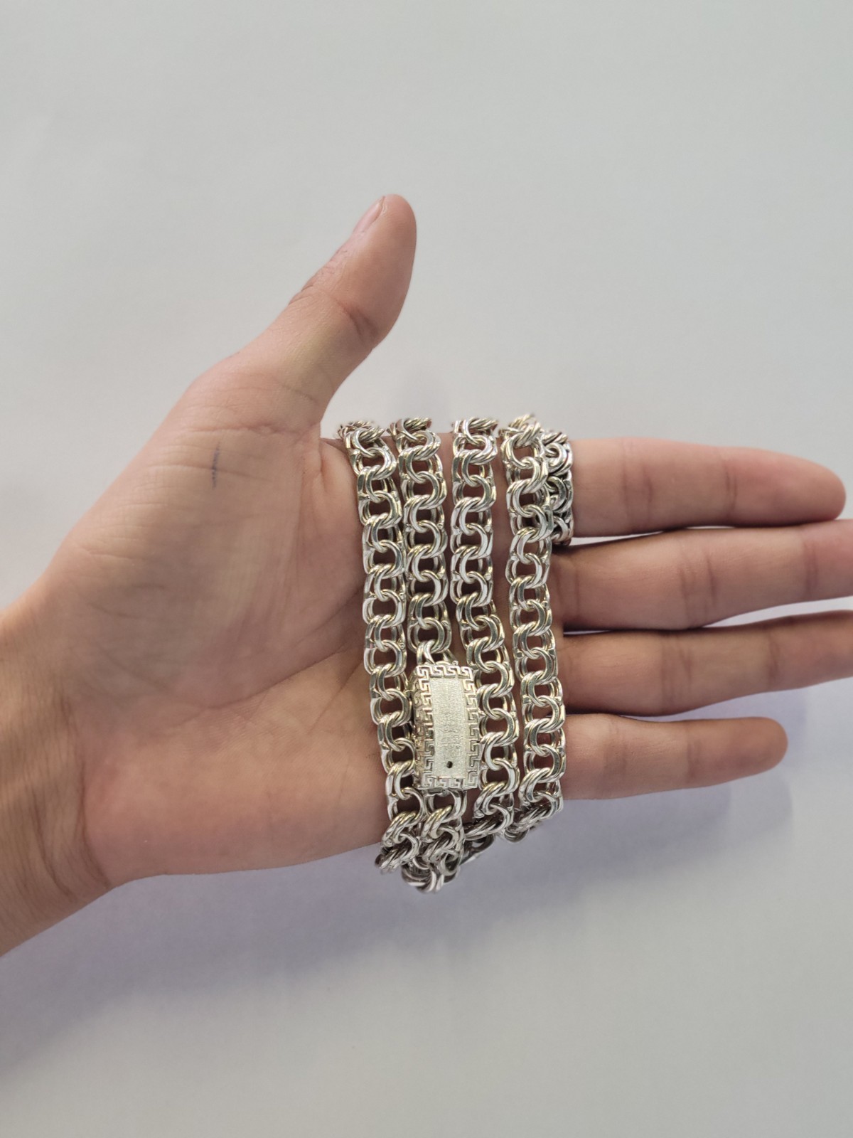 925 Sterling Silver Chino Link Greek Border Lock Chain 9mm 26″